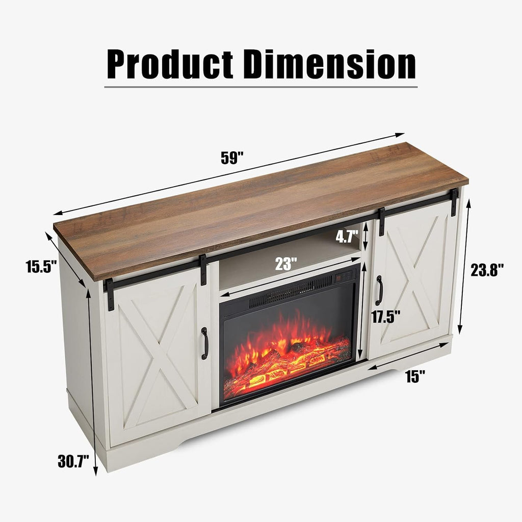 AMERLIFE 59' Fireplace TV Stand for TVs up to 65', Farmhouse Entertainment Center with Sliding Barn Doors, Storage Cabinets and Adjustable Shelves, Distressed White & Barnwood