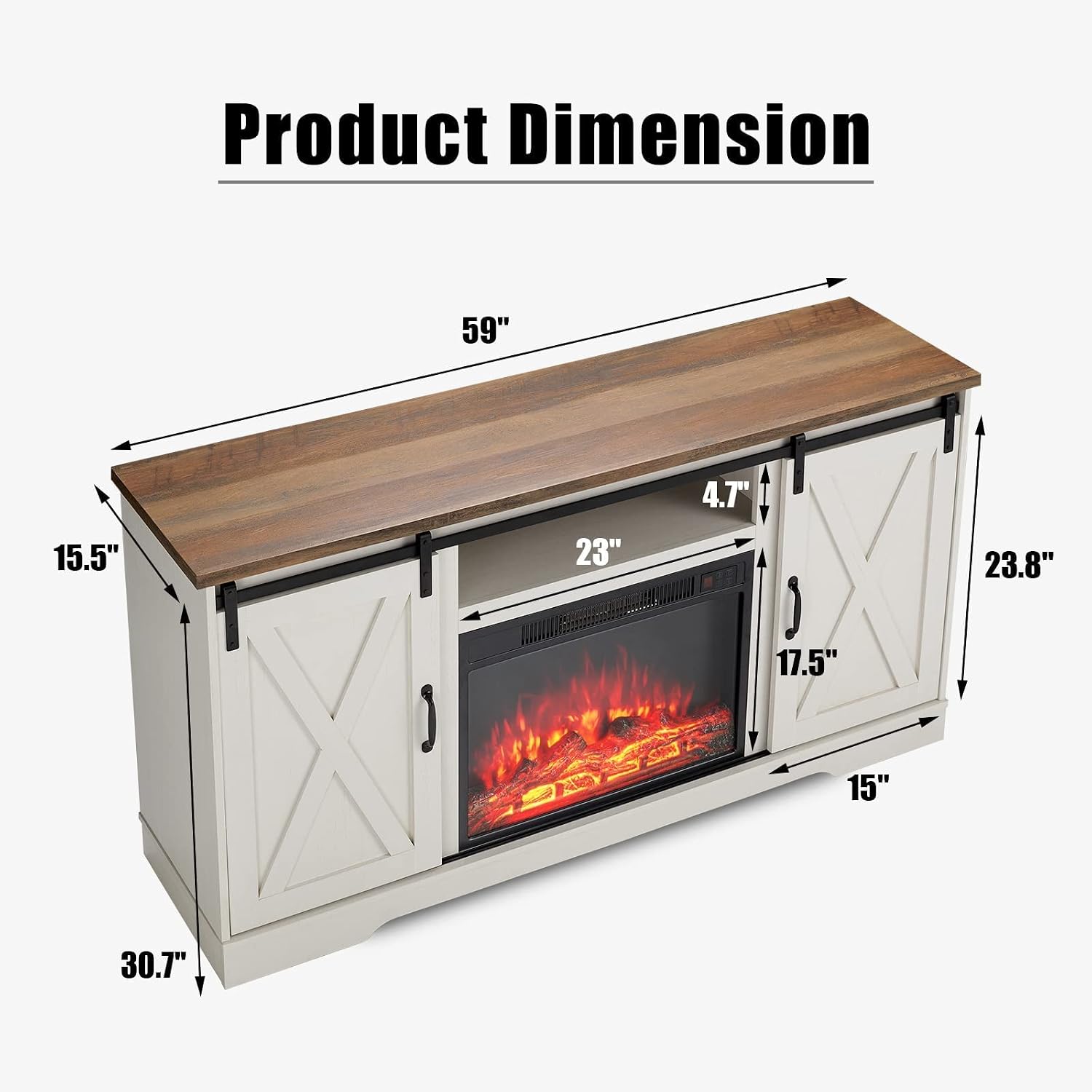 AMERLIFE 59' Fireplace TV Stand for TVs up to 65', Farmhouse Entertainment Center with Sliding Barn Doors, Storage Cabinets and Adjustable Shelves, Distressed White & Barnwood