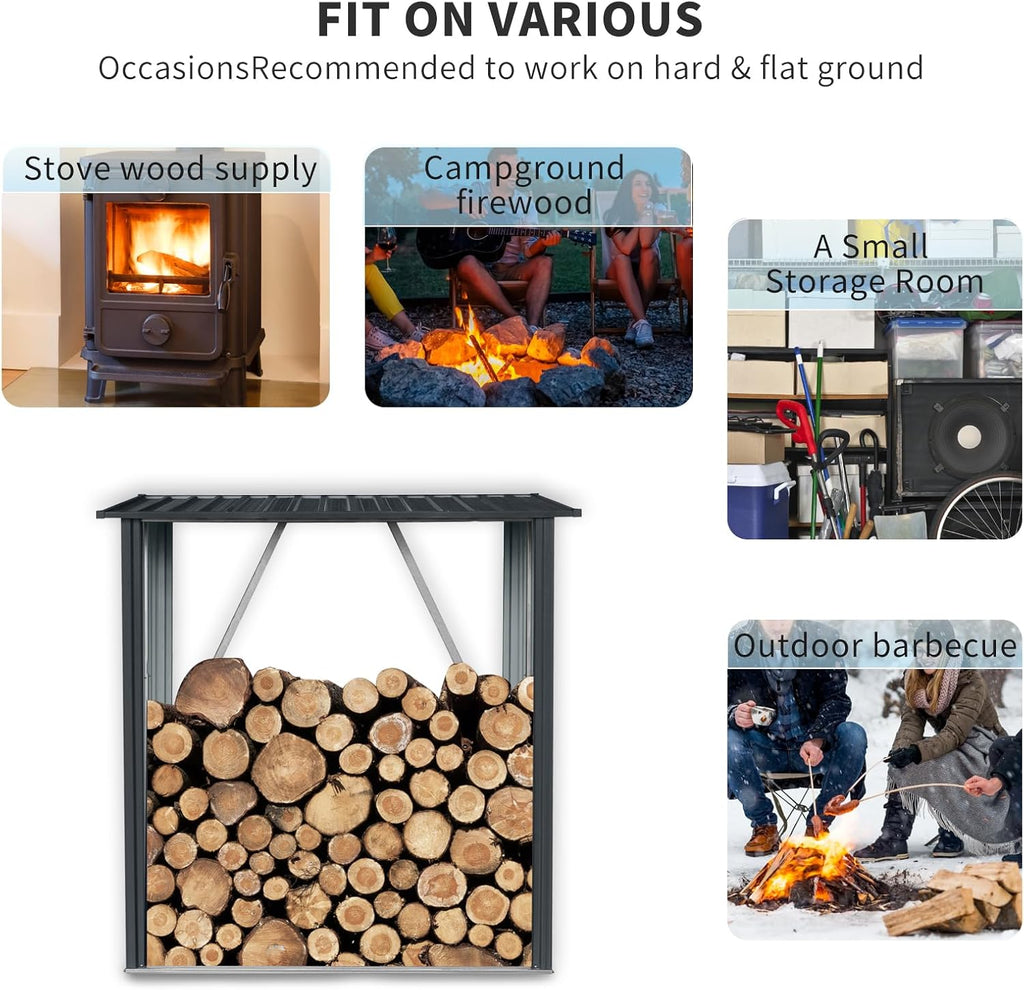 5.4 * 3FT Outdoor Metal Firewood Rack, Sturdy Steel Wood Storage Shelter with Sloped Roof, Open Front Design for Backyard, Patio & Fireplace