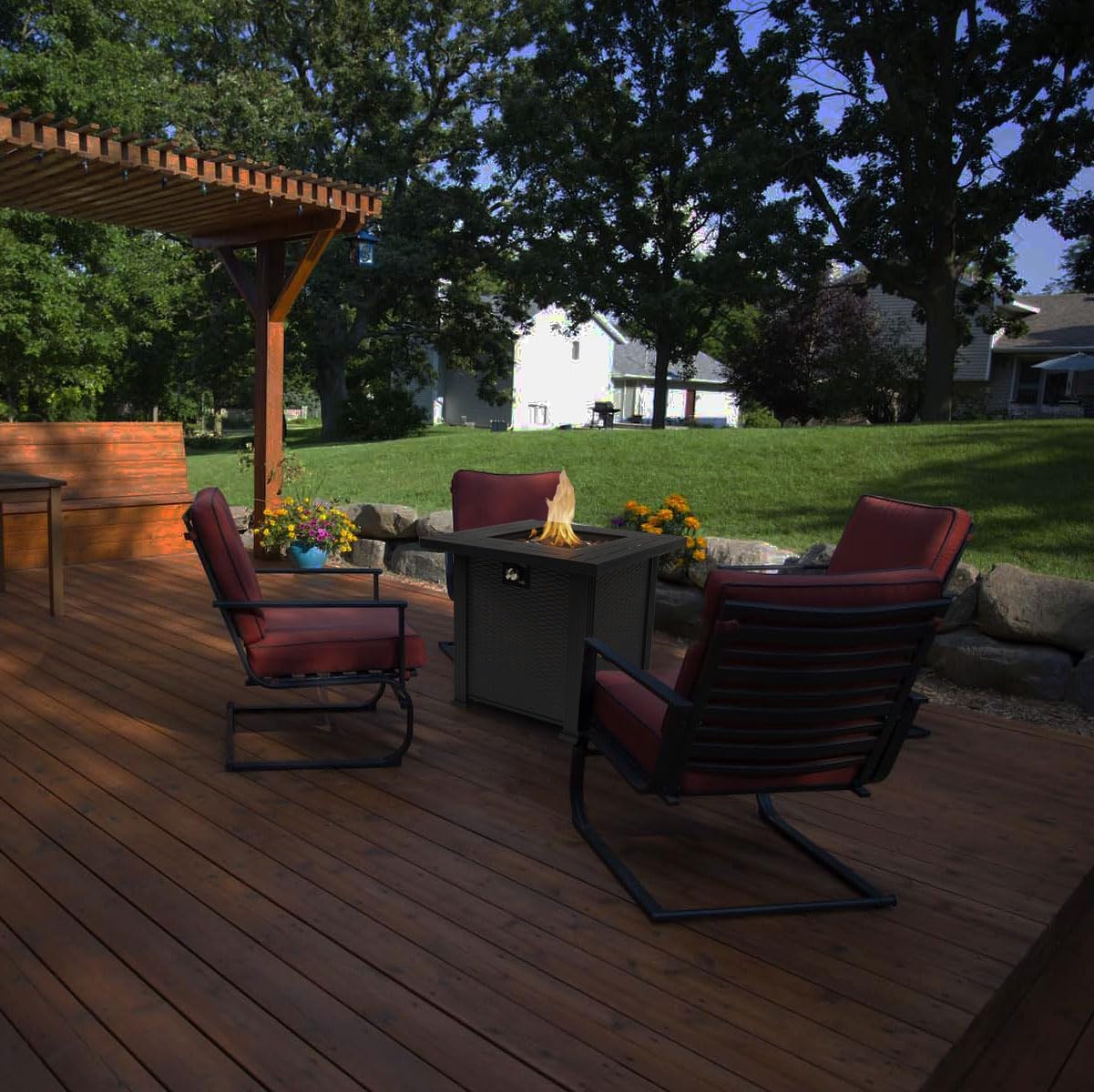 28'' Propane Fire Pit Table, 50,000 BTU Fire Table with Steel Lid, Big Legs, Laval Rocks.
