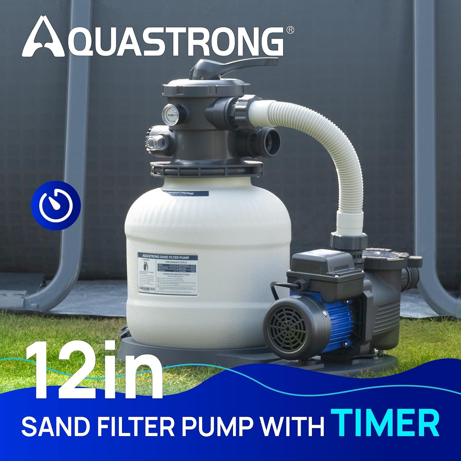 AQUASTRONG Sand Filter Pump for Above Ground Pool, Pool Pumps Above Ground with Timer, Pool Sand Filter with 6-Way Valve,Improved Circulation and Filtration,12in, up to 14000 Gallons