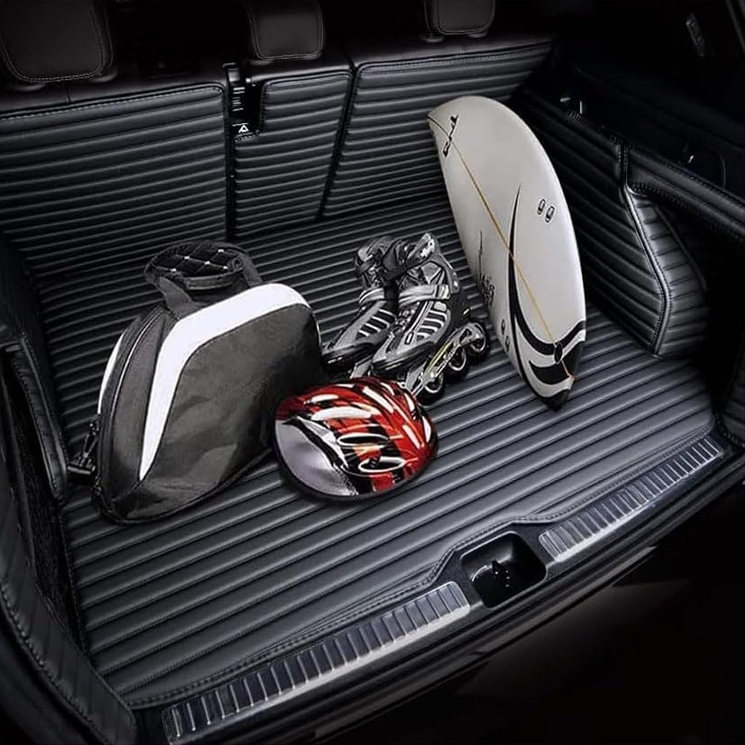 Car Boot Liners Mats Leather for Tesla Model X (5seats) 2016-2026, Rear Trunk Cargo Carpets Protector Cover, Full Coverage Anti-Slip Waterproof Scratch Accessories, C/Black-White