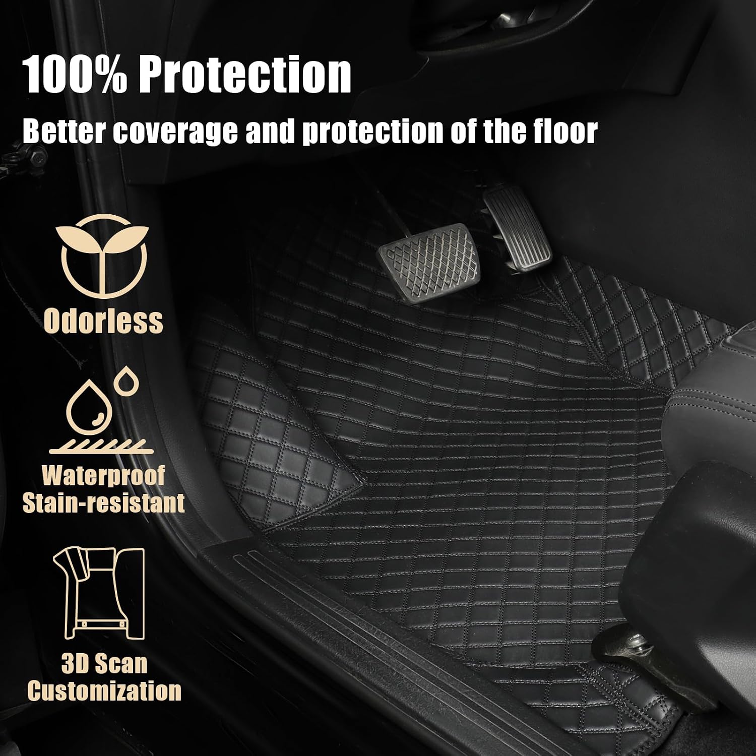 EKR Custom Floor Mats for Toyota RAV4 (Hybrid only) 2019-2025, Front & 2nd Row Luxury Car Floor Mat Fit RAV4 2019 2020 2021 2022 2023 2024 2025 - Leatherette (Black and Black Stitching)
