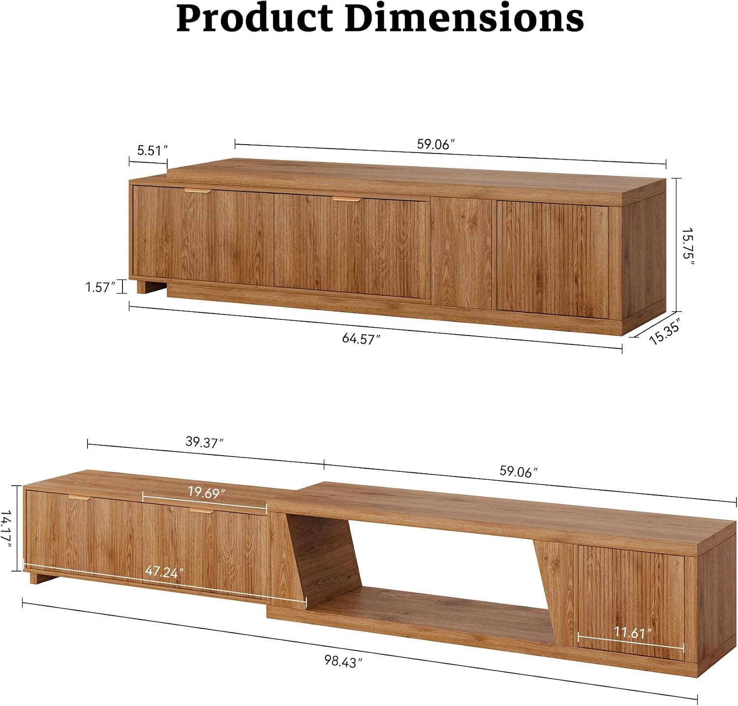 Epecoya 98 Inch Extendable TV Stands for Living Room, Wooden Extra Long TV Stand with Adjustable Shelf and Drawers, Fluted TV Console with Storage Cabinet, Warm Brown Oak (64.57' W-98.43' W)