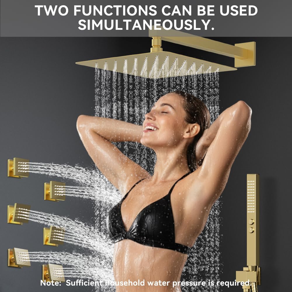 Brushed Gold Shower System with Body Jets, STARBATH 12 Inch Rainfall Shower System and 2 in 1 Handheld Spray Shower Jets System in Wall, Complete Wall Mounted 3 Way Shower Faucet Set with Valve Kit