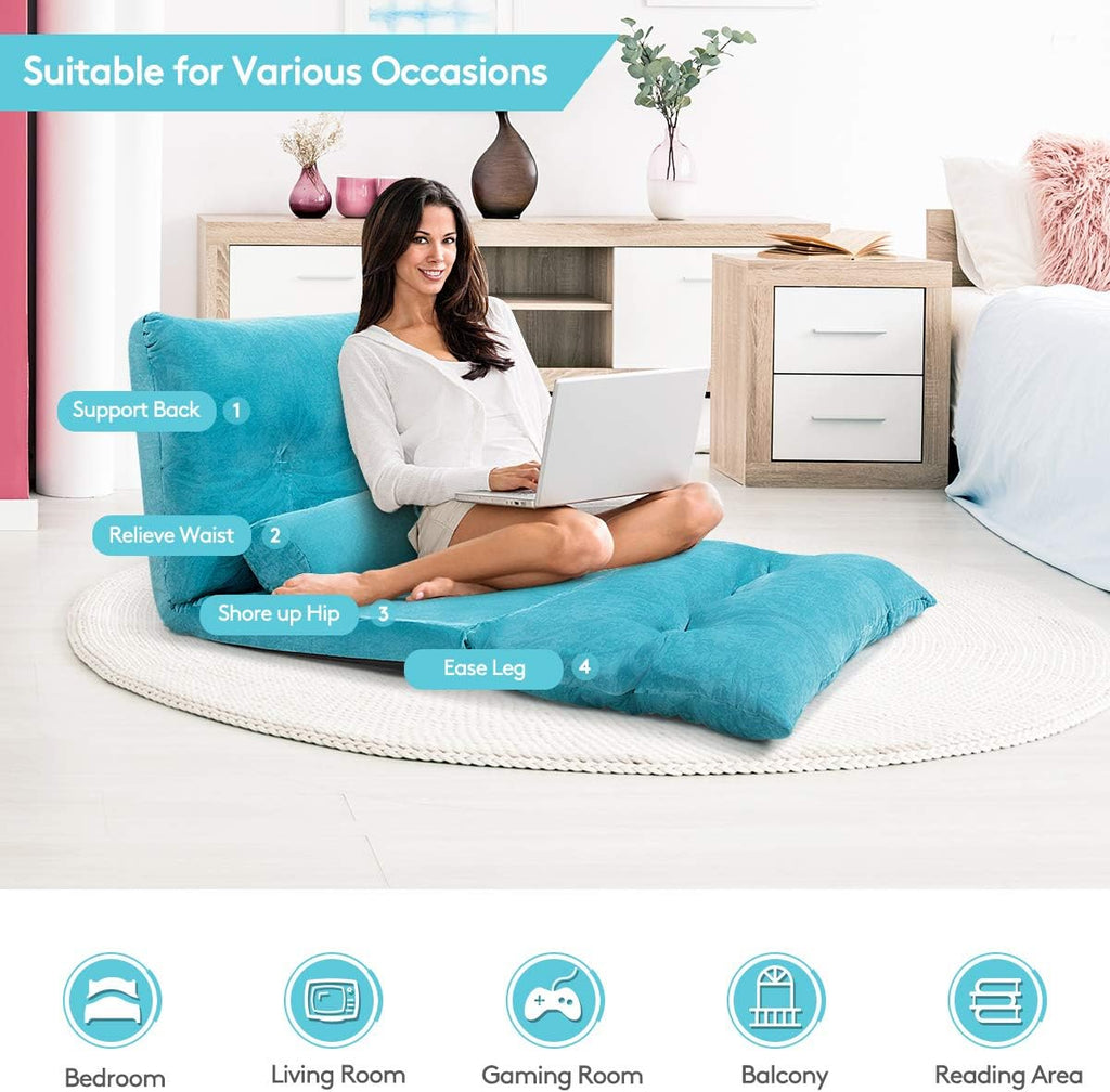 Giantex Adjustable Floor Sofa Couch, Multi-Functional 6-Position Foldable Lazy Sofa Sleeper Bed, Blue, Corduroy, Iron Frame, 70.5' x 42.5' x 7'