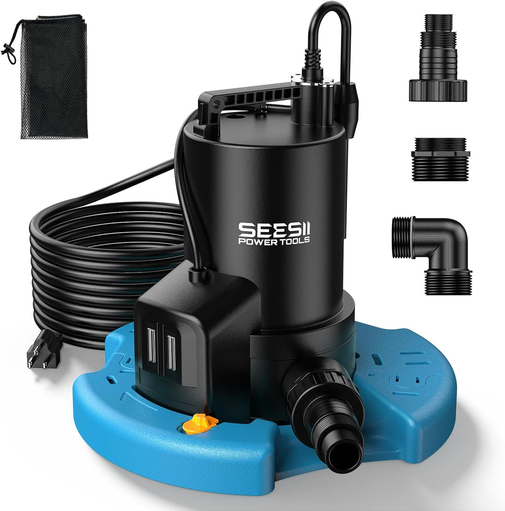 SEESII 1/3HP Pool Cover Pump - Automatic On/Off, 3035GPH Submersible Water Pump with Filter Net, 25ft Power Cord, Check Valve, Sump Pump for Swimming Pool, Hot Tubs, Pond, Basement, Rooftops