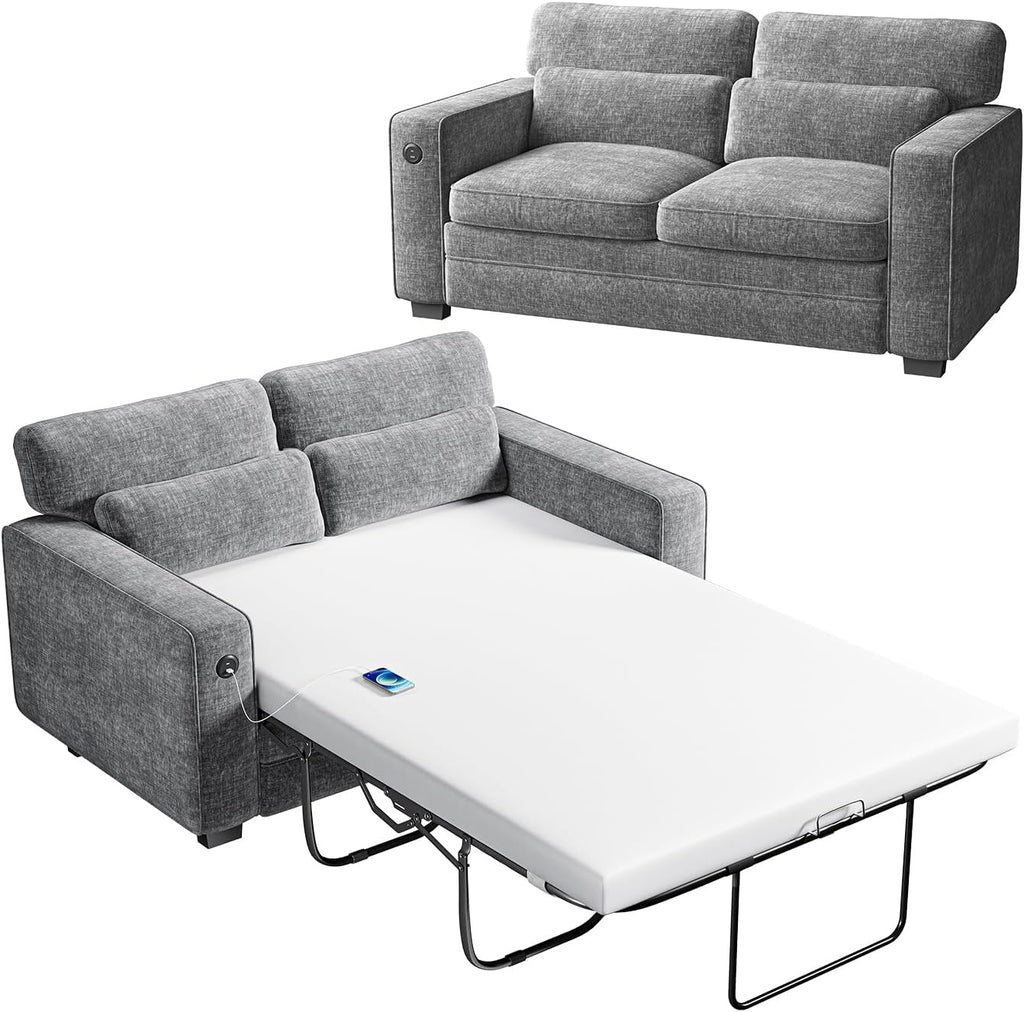 Marsail Pull Out Sofa Bed, Full Size Sleeper Sofa with Memory Foam Mattress, 2 USB Charging and Removable Covers, Loveseat for Living Room, Apartment, Supports 600 LBS, Chenille Fabric, Grey