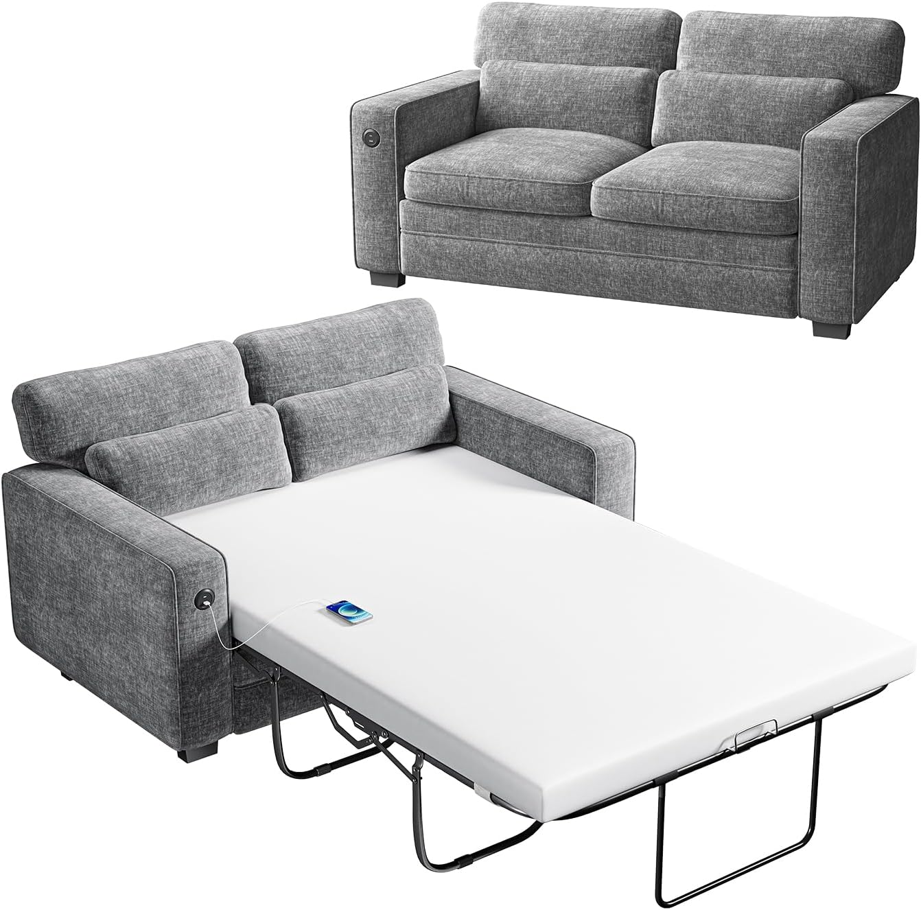 Marsail Pull Out Sofa Bed, Full Size Sleeper Sofa with Memory Foam Mattress, 2 USB Charging and Removable Covers, Loveseat for Living Room, Apartment, Supports 600 LBS, Chenille Fabric, Grey