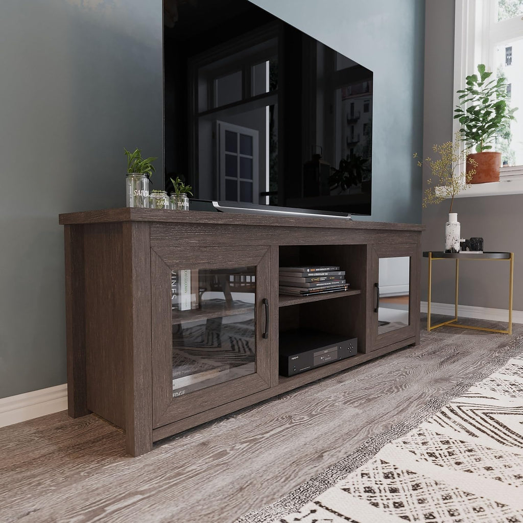 Flash Furniture Sheffield TV Stand up to 80' TVs - Modern Black Wash Finish & Full Glass Doors - 65' Engineered Wood Frame - 3 Height Adjustable Shelves