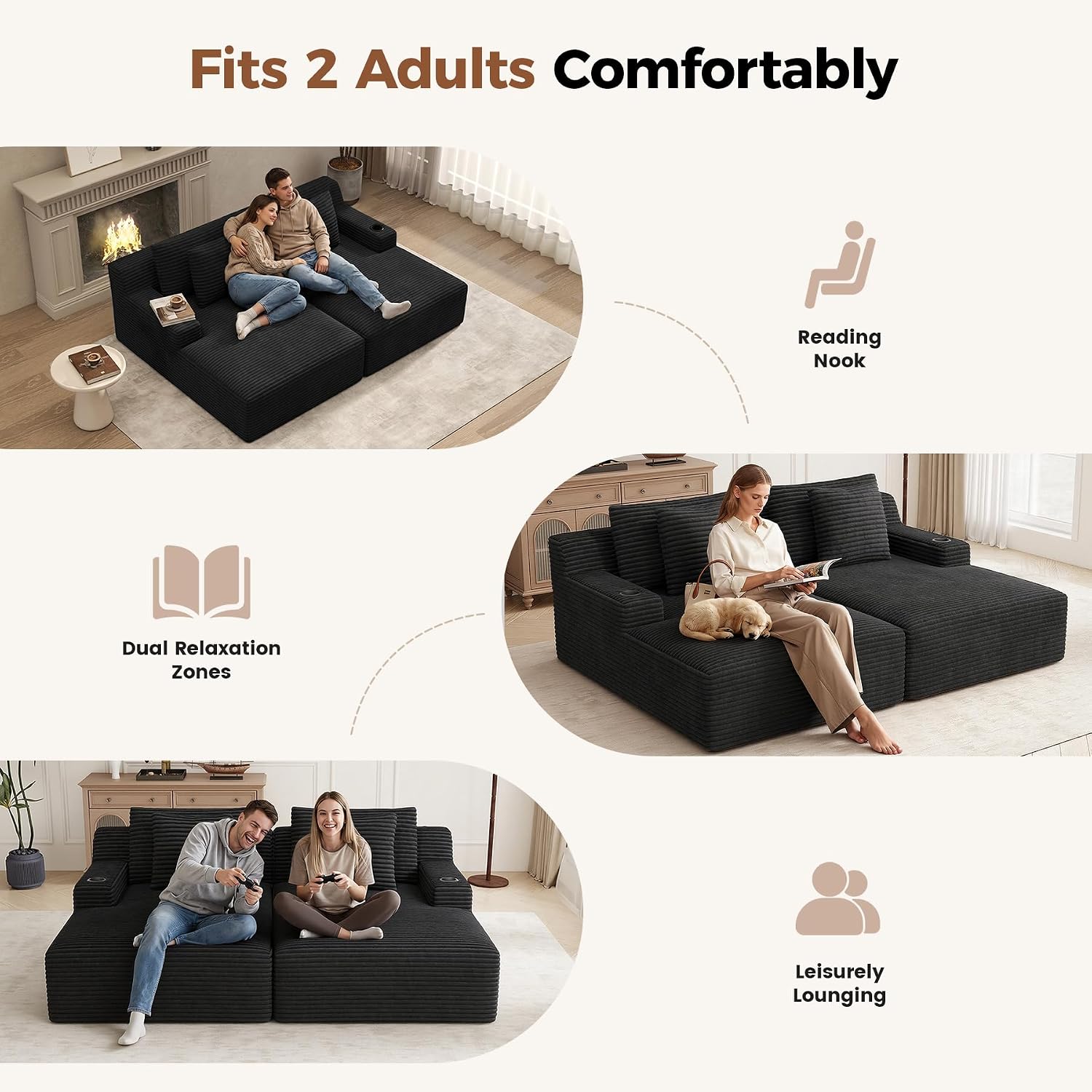 Luxanimarion 80'' Double Chaise Lounge Chair Indoor, Non-Assembly Deep Seat Sofa with Cup Holders Boneless Bed with 4pcs Pillows for Living Room Bedroom, Black- Corduroy