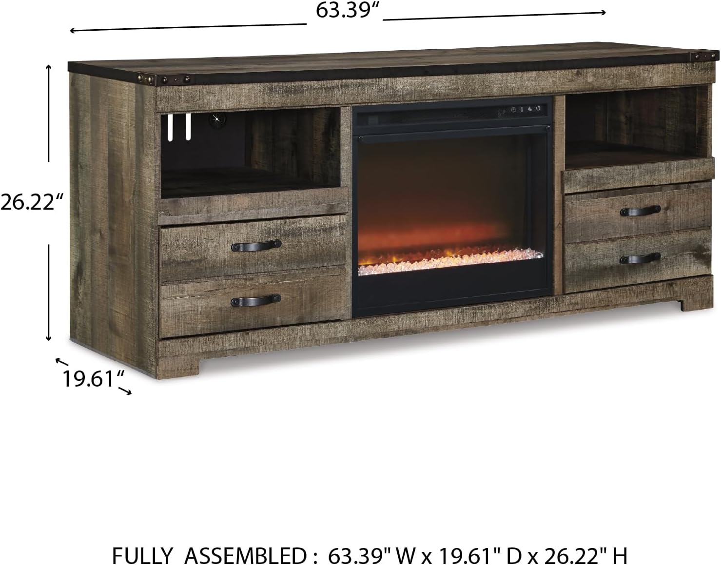 Signature Design by Ashley Trinell 63' TV Stand with Electric Fireplace Insert, Rustic Wood Look Media Console with Infrared Heat, Storage Drawers and Remote Control for Living Room Warmth