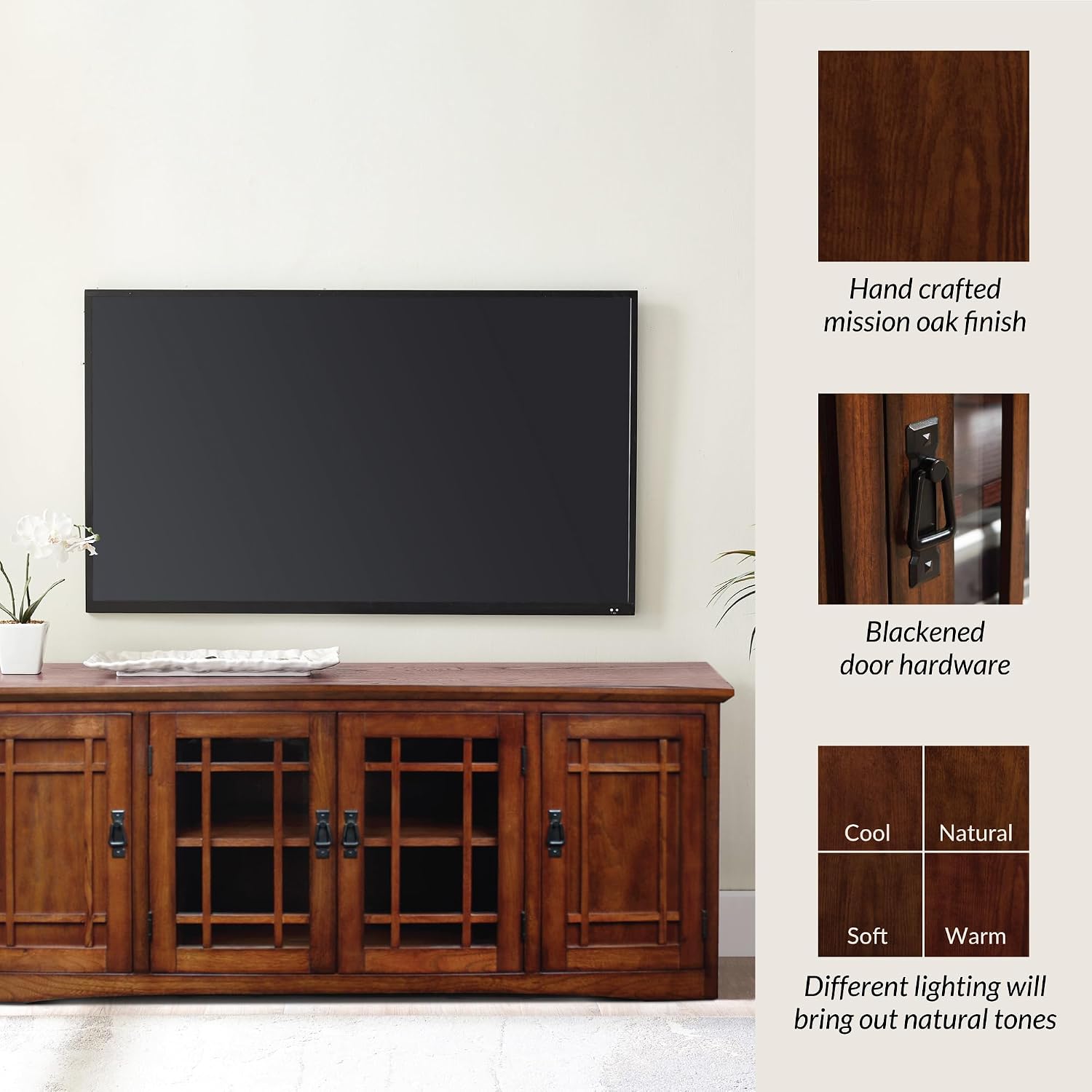 Leick Home 82360 Solid Wood Mission Oak Four Door TV Stand For 65' TVs Universal TV Console Living Room Storage Shelves Entertainment Center, Mission Oak