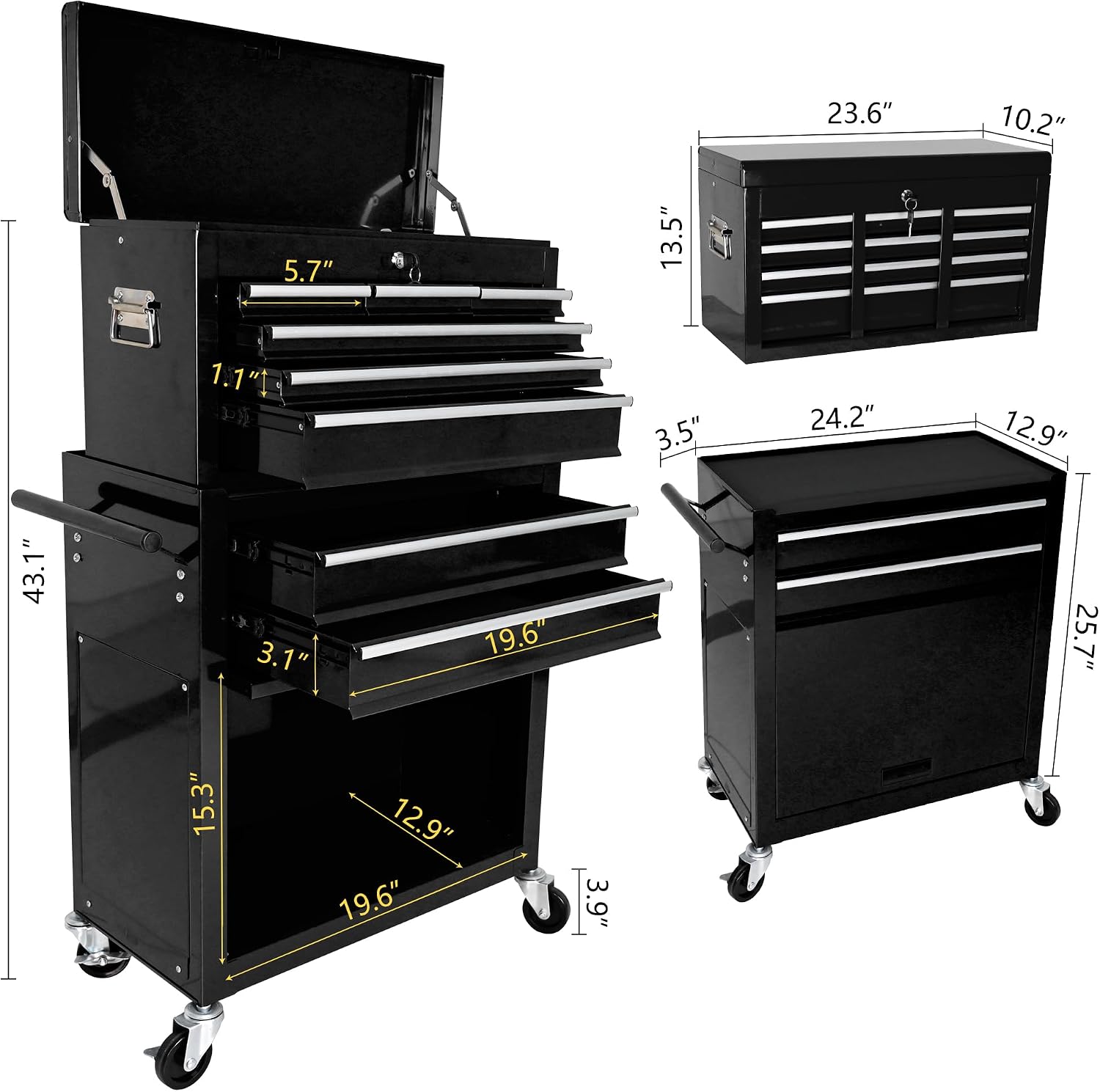 8-Drawer Tool Chest,Rolling Tool Box with Detachable Top Toolbox & Key Lock,Tool Cabinet with Universal Lockable Wheels,Lock Bar,Protective Liner,Metal Storage Cart for Garage,Workshop (Black)