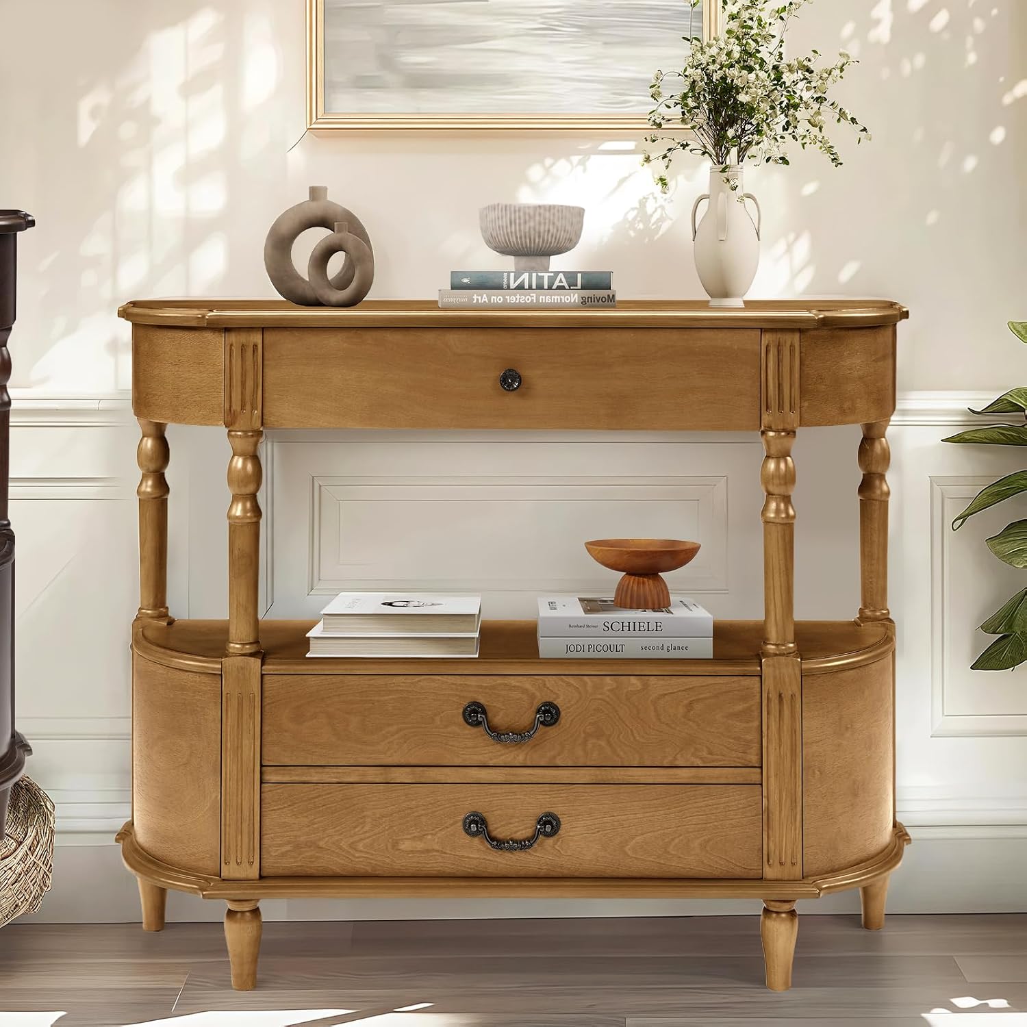 Retro Curved Console Table, 43' Solid Wood Half Moon Console Table Entryway Table Sofa Table with Open Shelf Curved Corners 3 Drawers Pine Roman Legs for Living Room,Hallway,Entryway,Brown