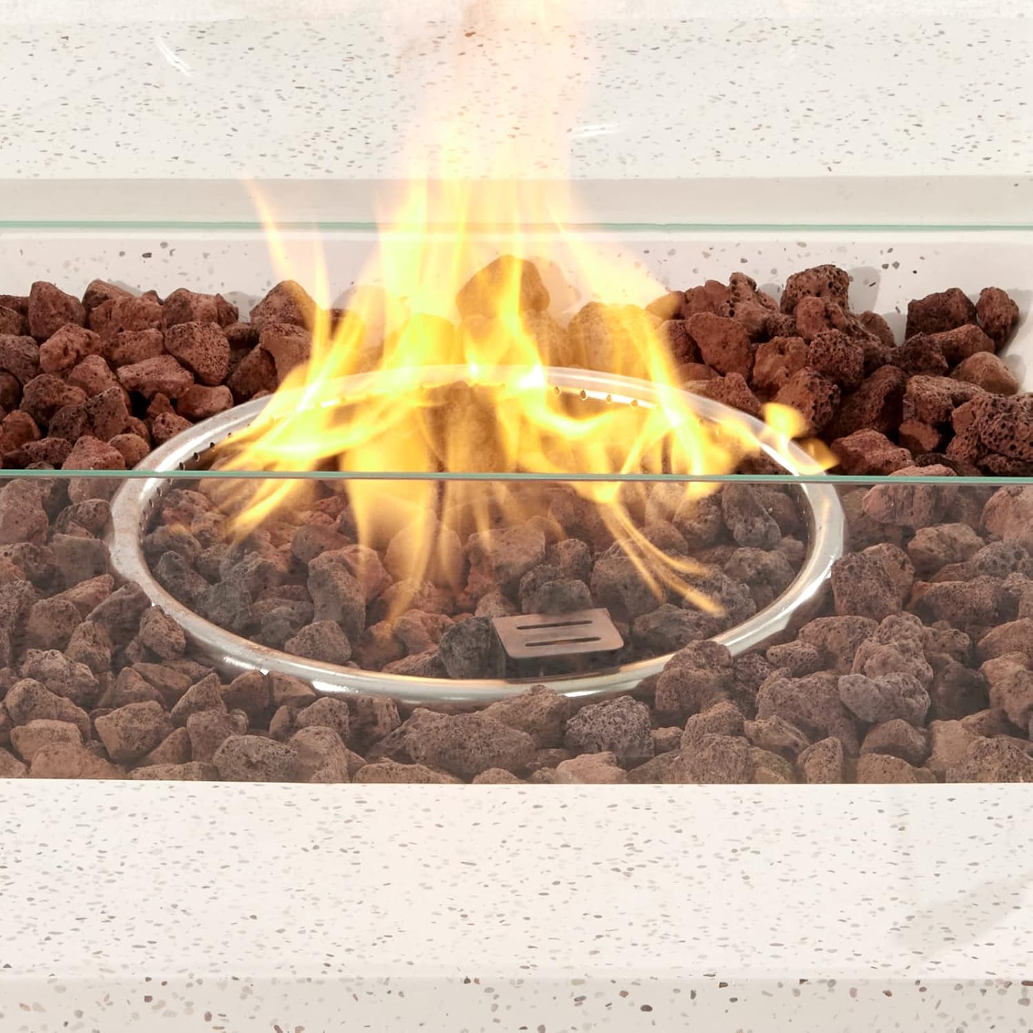 COSIEST Square Outdoor Sandstone Propane Fire Pit w Wind Guard, Certified, 50,000 BTU Stainless Steel Burner, 35-inch, Free Lava Rocks and Rain Cover, Tank Outside, Metal Lid