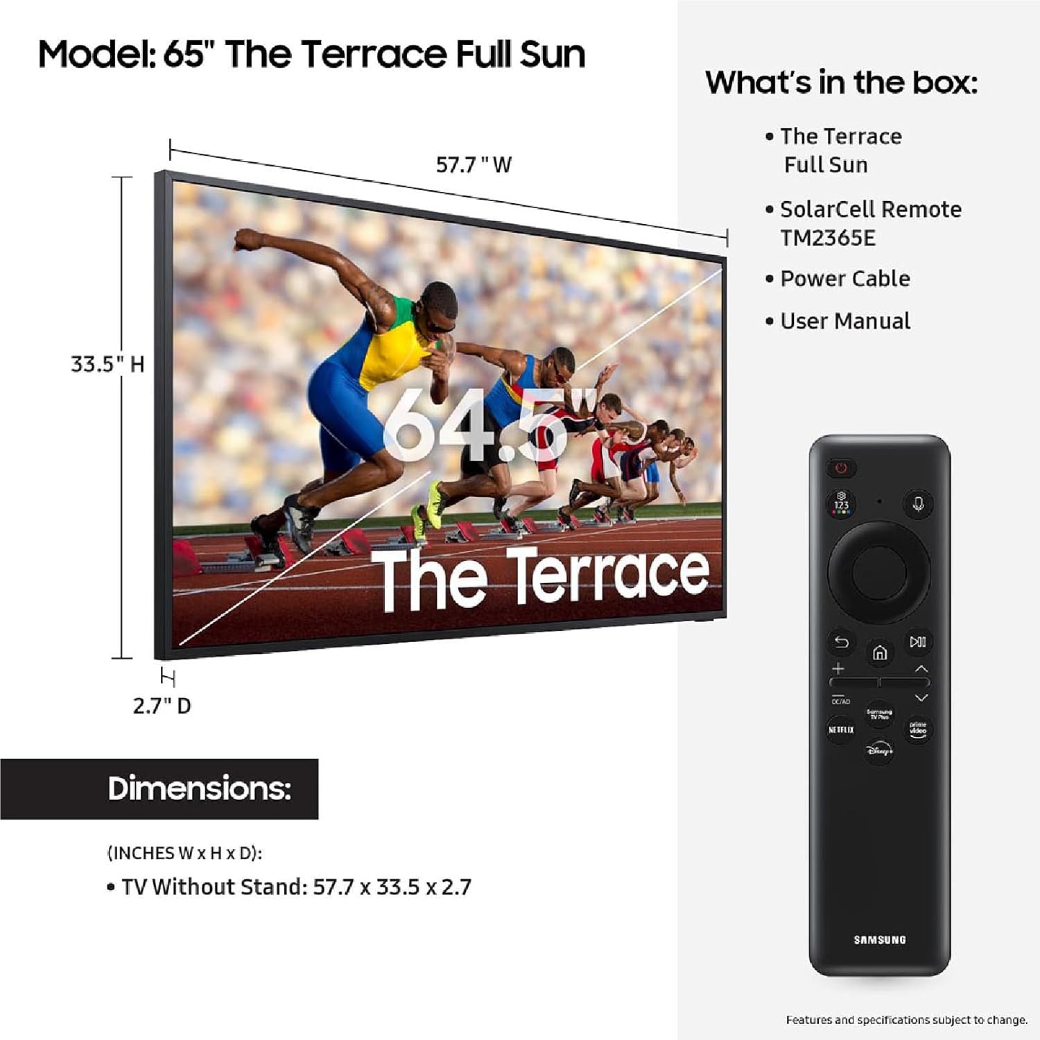 SAMSUNG 65-Inch Class Neo QLED 4K The Terrace Full Sun, Neo Quantum HDR+(QN65LST9DAFXZA, 2024) + SAMSUNG HW-LST70T 3.0ch The Terrace Outdoor Soundbar w/ IP55 Weather Resistant, Titan Black