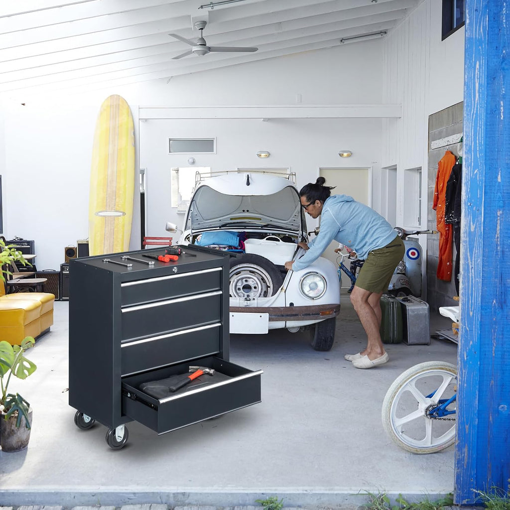 Metal Rolling Tool Box Organizer | Lockable Tool Chest with Wheels | Toolbox with 4 Sliding Drawers | Tool Storage Box Organizer for Garage Home Workshop & Tool Room