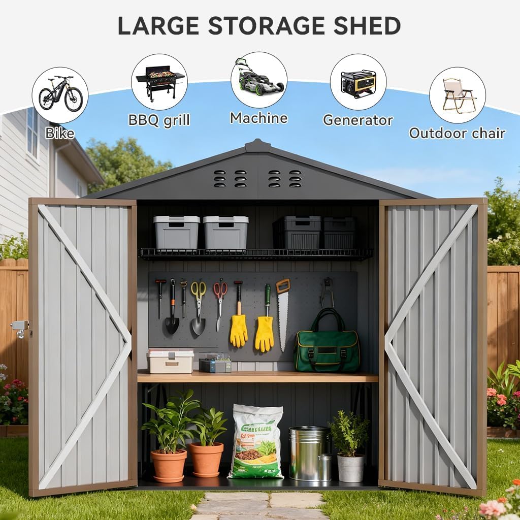 COMHOMA 6'x4' Shed Outdoor Storage Metal, Weatherproof Garden Utility Tool House with Lockable Doors & Adjustable Shelving, Ventilated Backyard Workshop,Brown