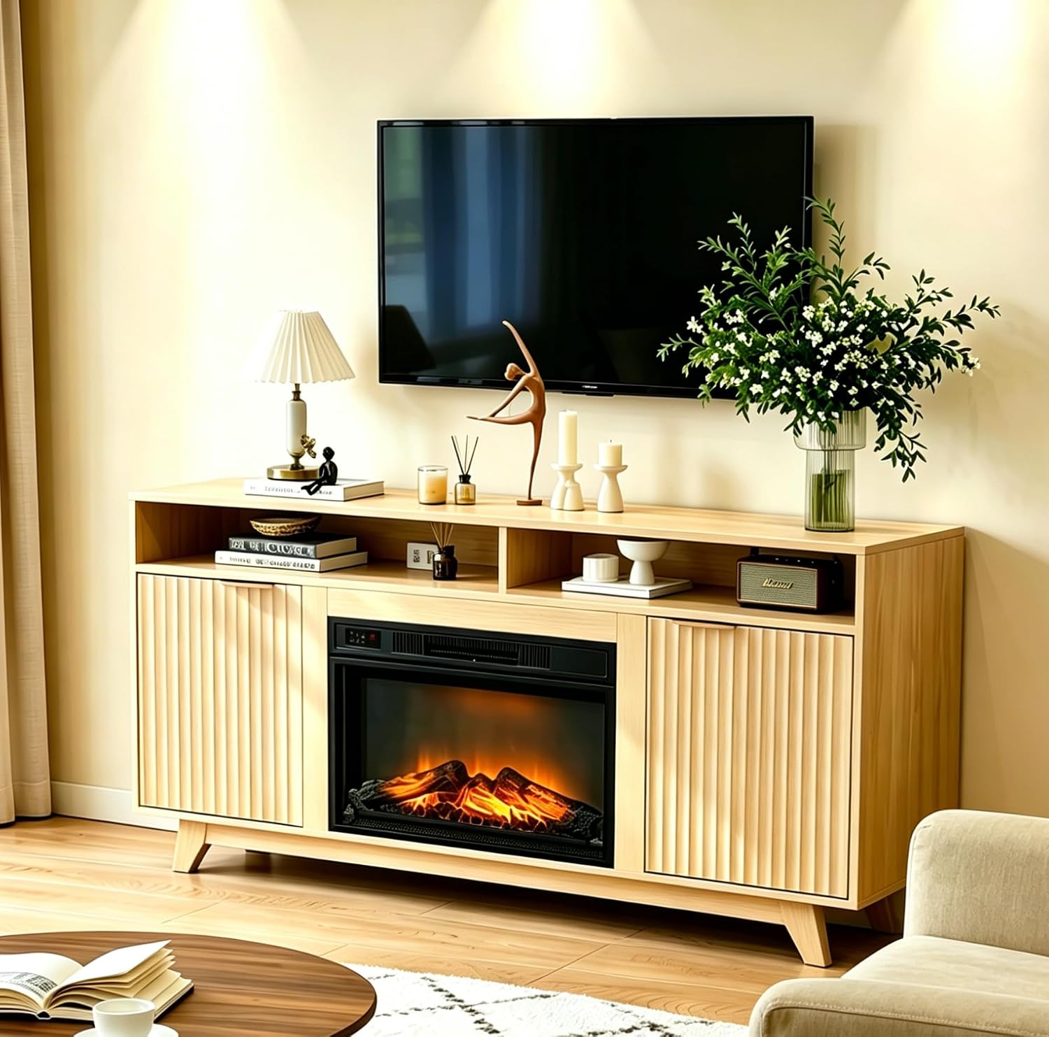 Bonnlo 58' Electric Fireplace TV Stand for 70-Inch TVs - Modern Media Console with Adjustable Shelves, Open Storage, Built-in Heater & 6 Flame Colors, Finish - Perfect for Living Room & Bedroom, Oak