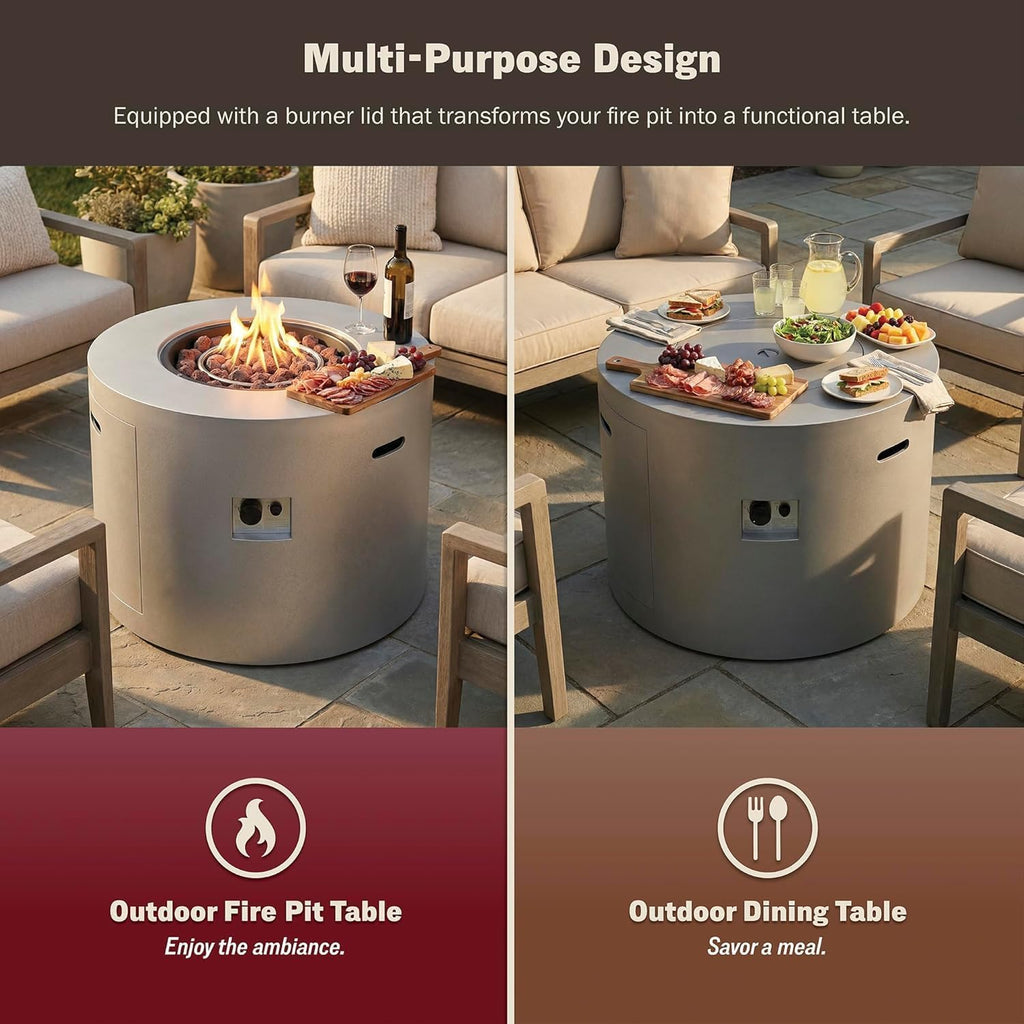 32' Smokeless Propane Fire Pit Table with Lid, Alloy Steel Round Outdoor Patio Dining Firepit 50,000 BTUs, Lava Rocks, Weatherproof Cover, CSA Safety Certified, for Wooden Deck, Backyard Pool, Grey
