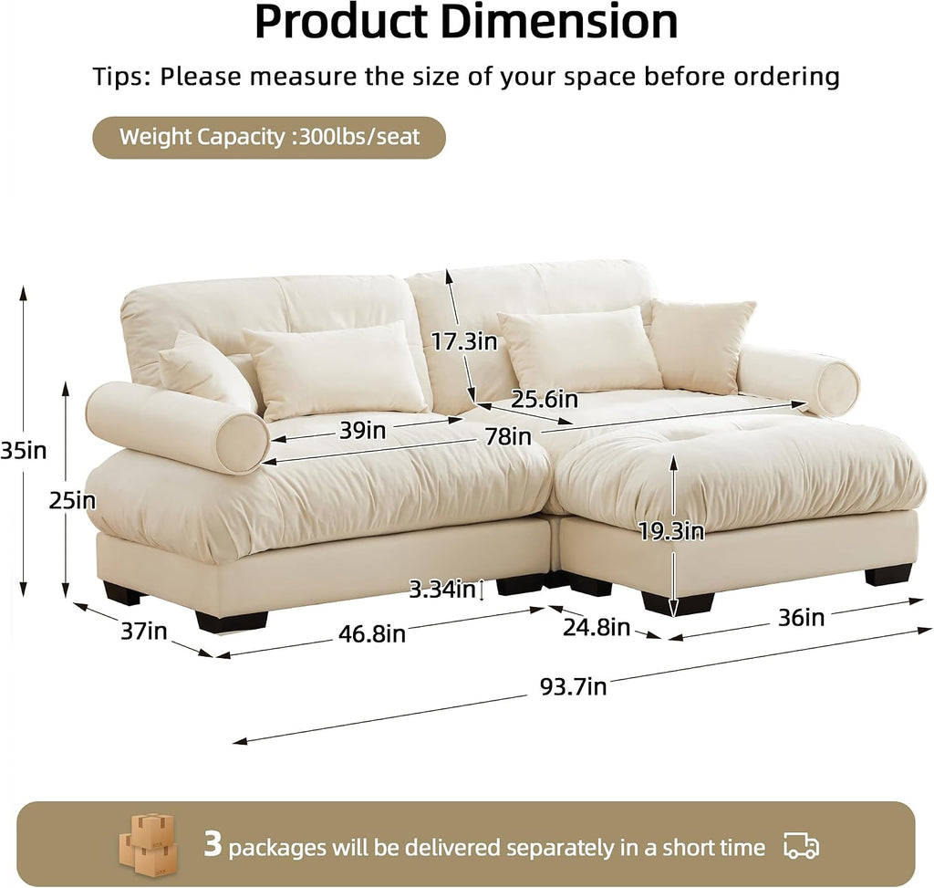 93.7' Loveseat Sofa Modular Sectional Sofa, 2 Seater Modern Cloud L Shaped Couch, Oversized Sectional Couches for Living Room, Comfy Velvet Sofas Deep Seat Couch with 4 Pillows, Cream