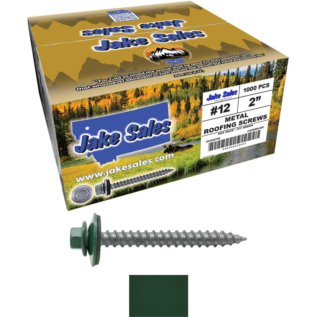 12 x 2 Ivy Green Metal Roofing Screws - Hex Washer Head- Self-Starting/Tapping - EPDM Washer. 4 X 250 Bags - 1,000 Screws