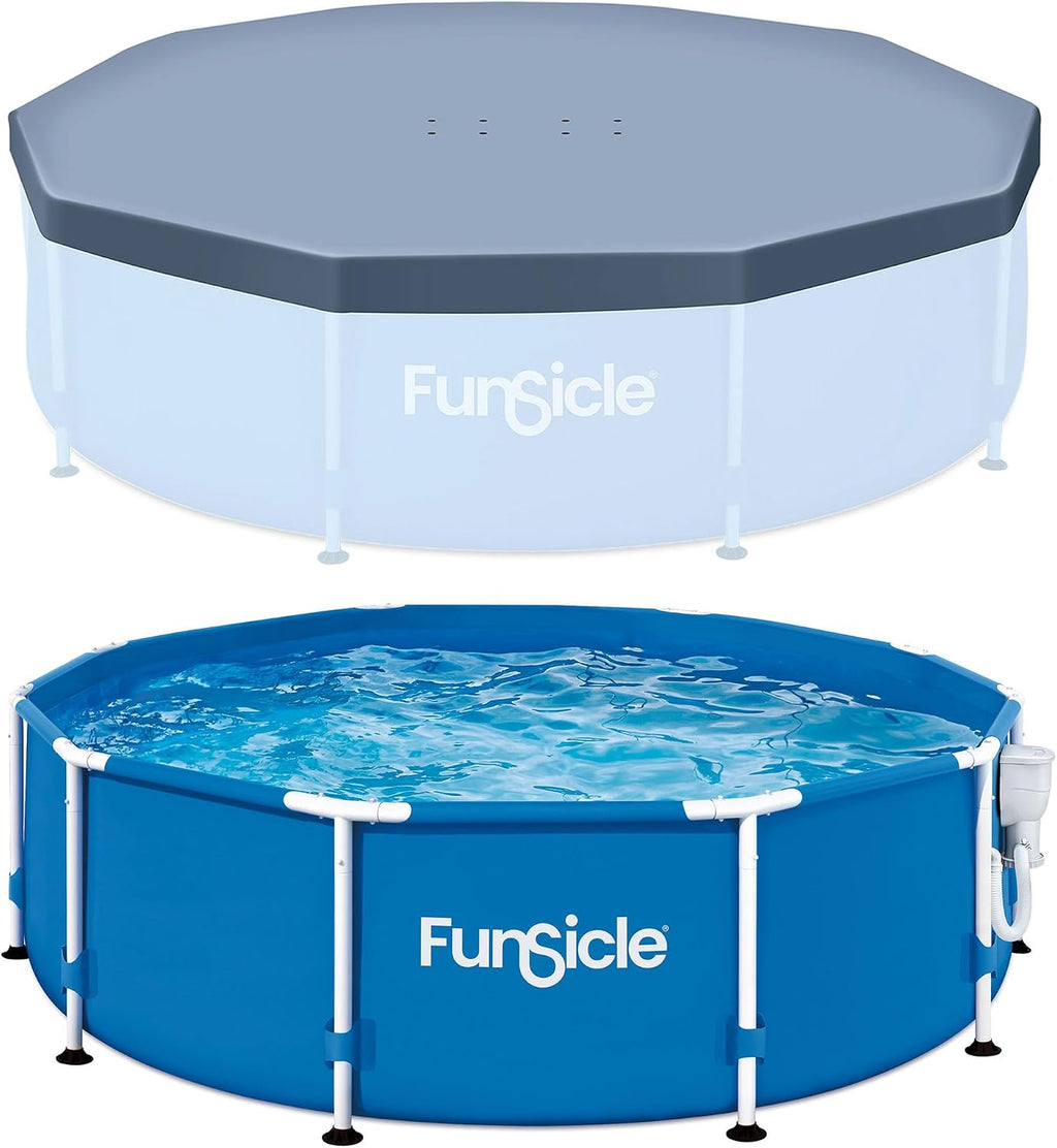 Funsicle 10' x 30' Outdoor Activity Round Metal Frame Above Ground Swimming Pool Set with 10' Secure Debris Pool Cover & SkimmerPlus Filter Pump, Blue