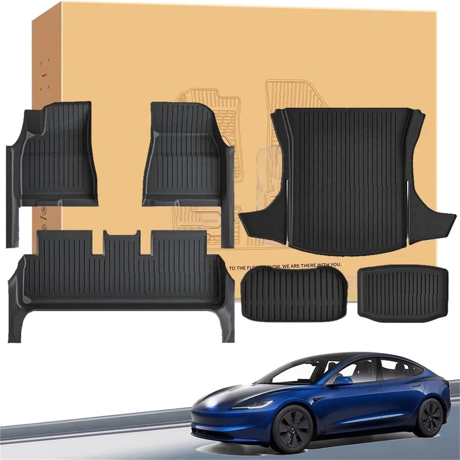 Full Cover Floor Mat with Door Sill Protector All Weather TPE Anti-Slip Floor Trunk Mats Cargo Liner Compatible for Tesla Model 3 Highland(DL-Mats 11pcs)