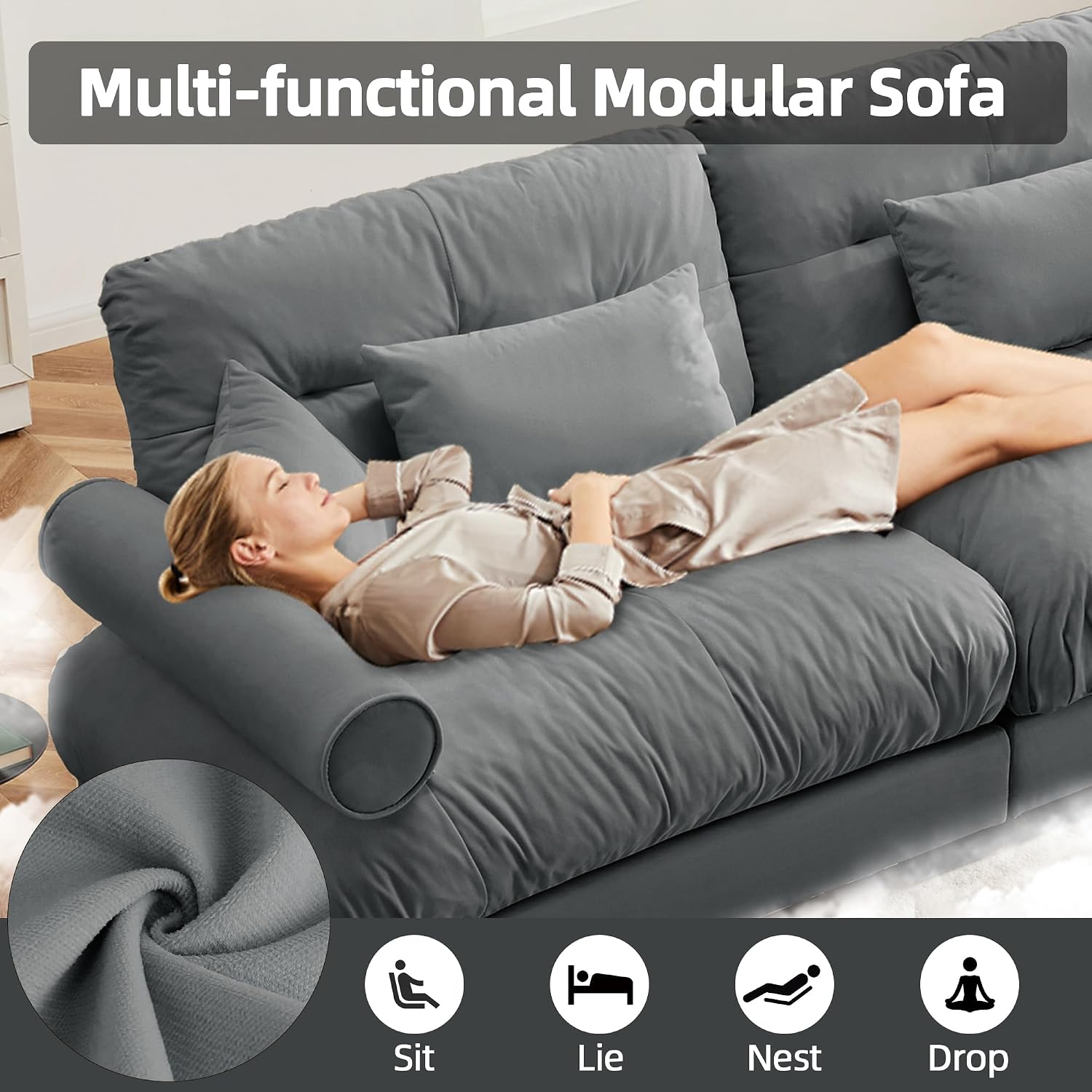 Loveseat Sofa 93.7' Modular Sectional Sofa, 2 Seater Modern Cloud L Shaped Couch, Oversized Sectional Couches for Living Room, Comfy Velvet Sofas Deep Seat Couch with 4 Pillows, Gray