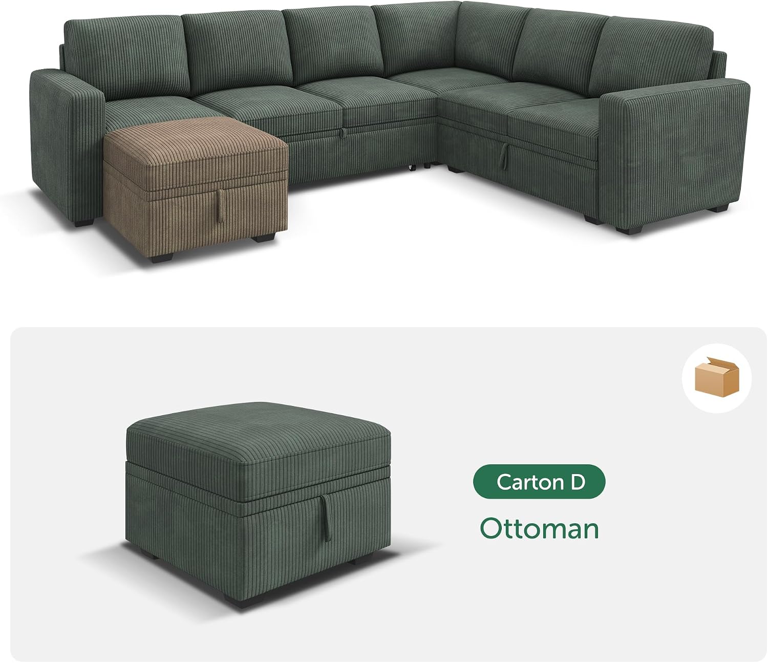 HONBAY Square Ottoman Module for Modular Sectional Sleeper Sofa, Storage Ottoman Footrest and Seat Cube, Velvet Green