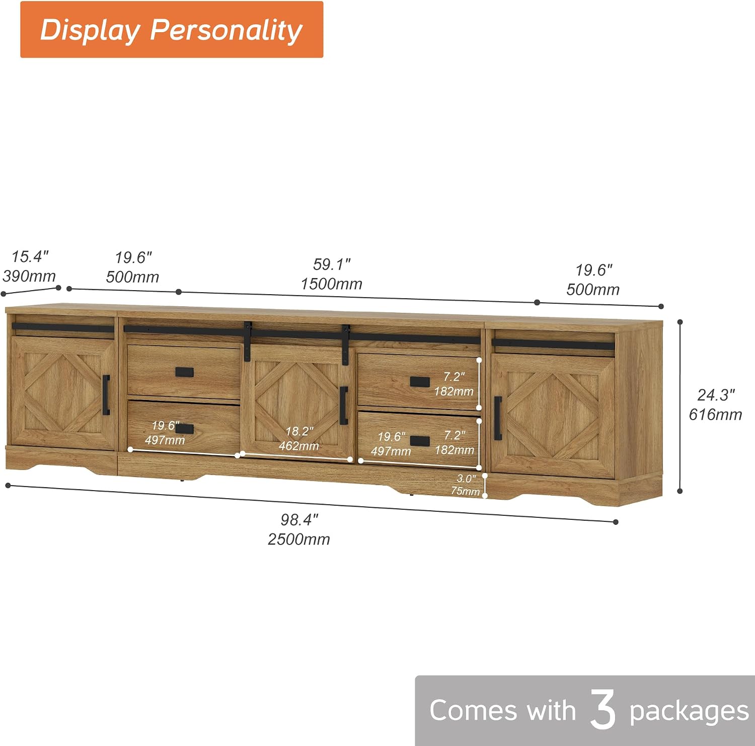 WAMPAT 3-in-1 Modern Farmhouse TV Stand for TVs up to 110',Large Wood Entertainment Center with 4 Drawers and Storage Cabinet for Living Room,Wood Grain Engraving Purposeful Distressing,Vintage Oak