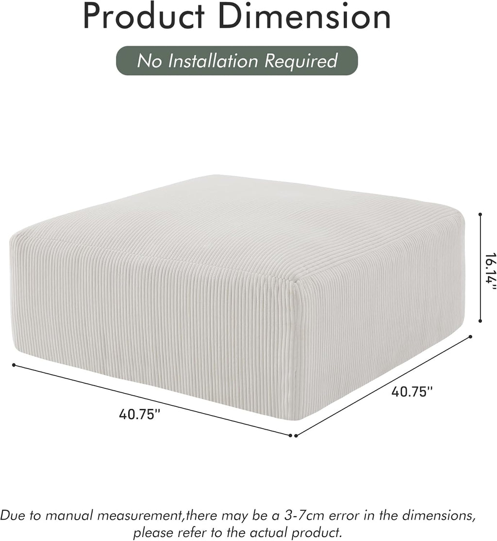 Gericco 113' Modular Sectional Couch, Cloud Boneless Sofa with Deep Seats, Upholstered Corduroy Square Stuffed Ottoman Pouf, 40 * 40 Inch Furry & Fluffy Movable Foot Stool for Living Room, Beige