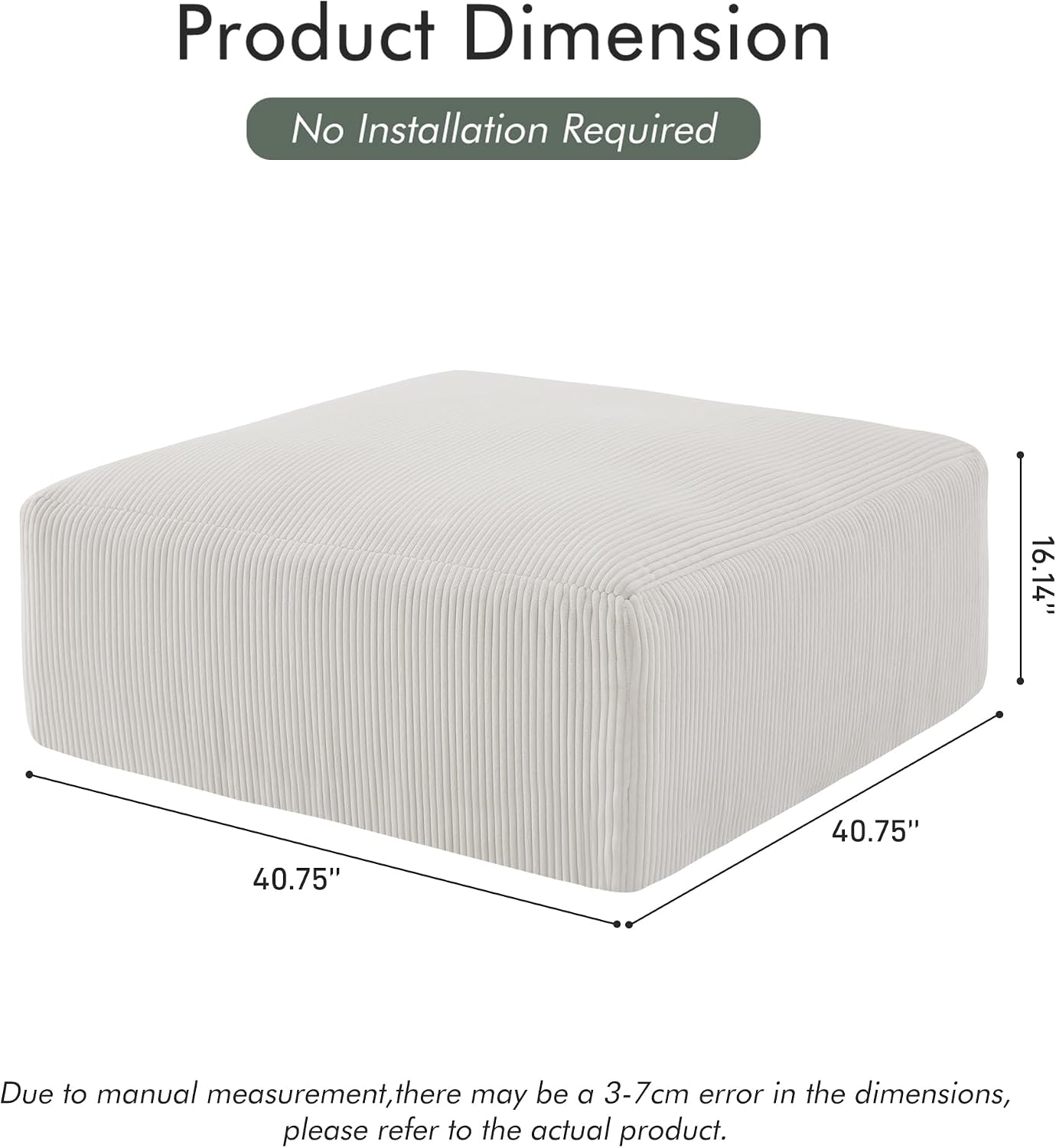 Gericco 113' Modular Sectional Couch, Cloud Boneless Sofa with Deep Seats, Upholstered Corduroy Square Stuffed Ottoman Pouf, 40 * 40 Inch Furry & Fluffy Movable Foot Stool for Living Room, Beige