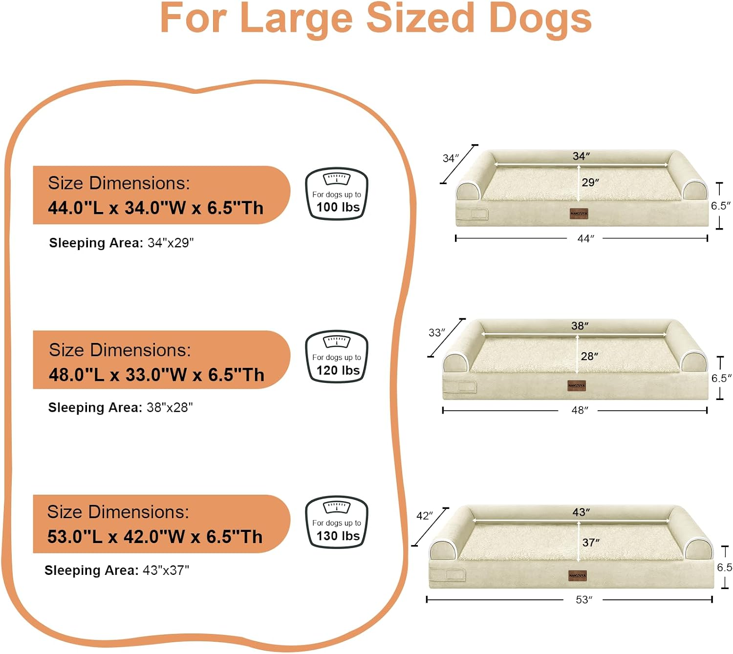 Large Dog Bed Orthopedic Washable: Jumbo Dog Bed Bolster Extra Large Dogs Egg Crate Foam Sofa Couch Waterproof Removable Cover - Beige