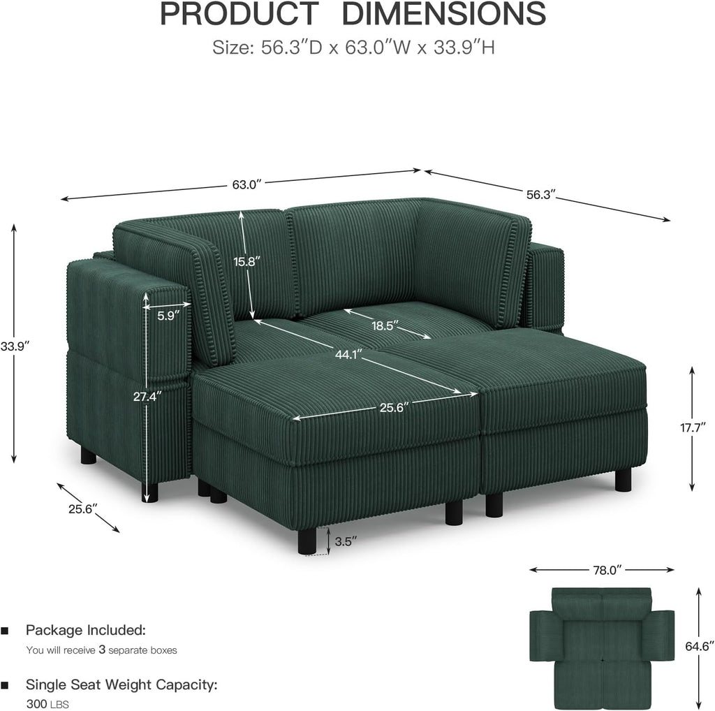 Belffin Modular Sectional Sofa with Deep Storage Seat,Corduroy Sectional Couch Convertible 4 Seat Modular Sleeper Sofa Couch Chaise,Green