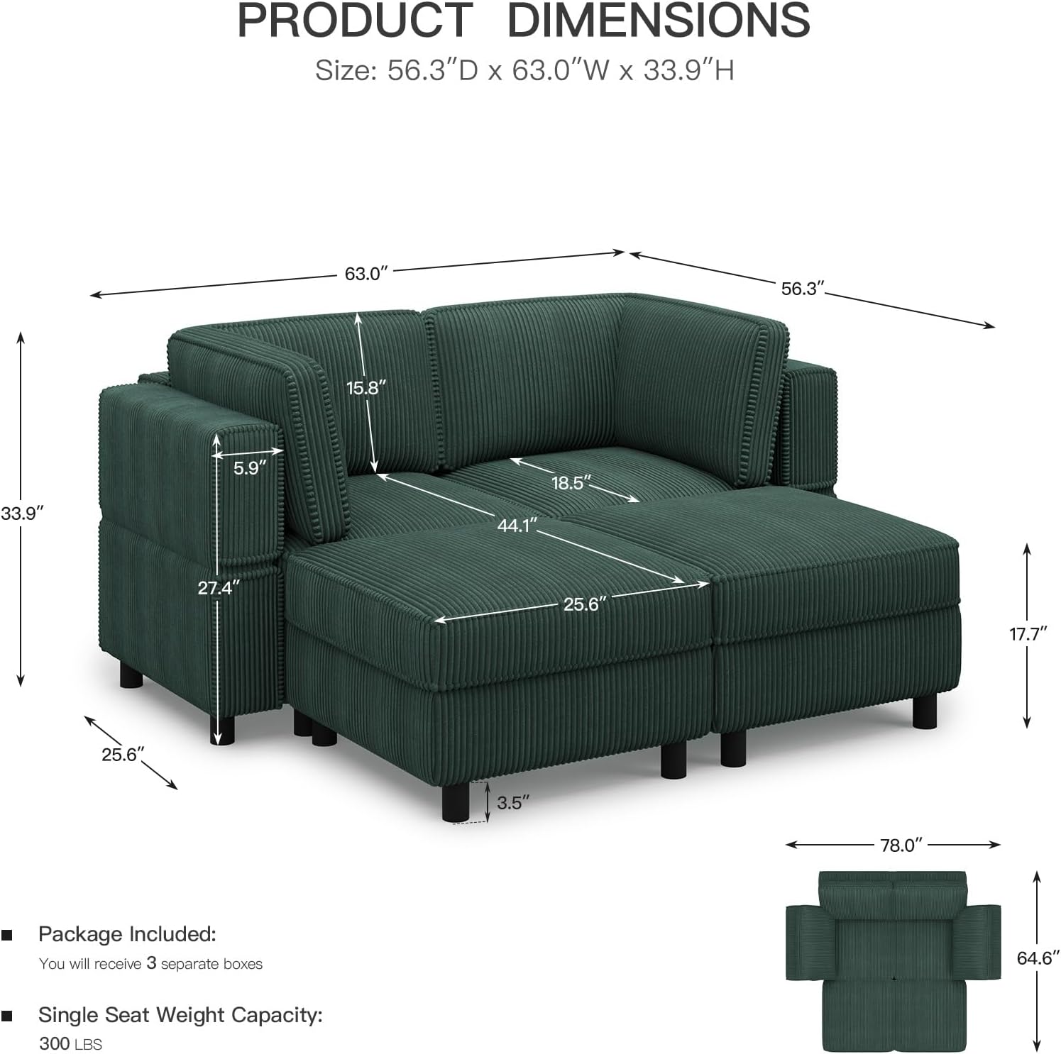Belffin Modular Sectional Sofa with Deep Storage Seat,Corduroy Sectional Couch Convertible 4 Seat Modular Sleeper Sofa Couch Chaise,Green