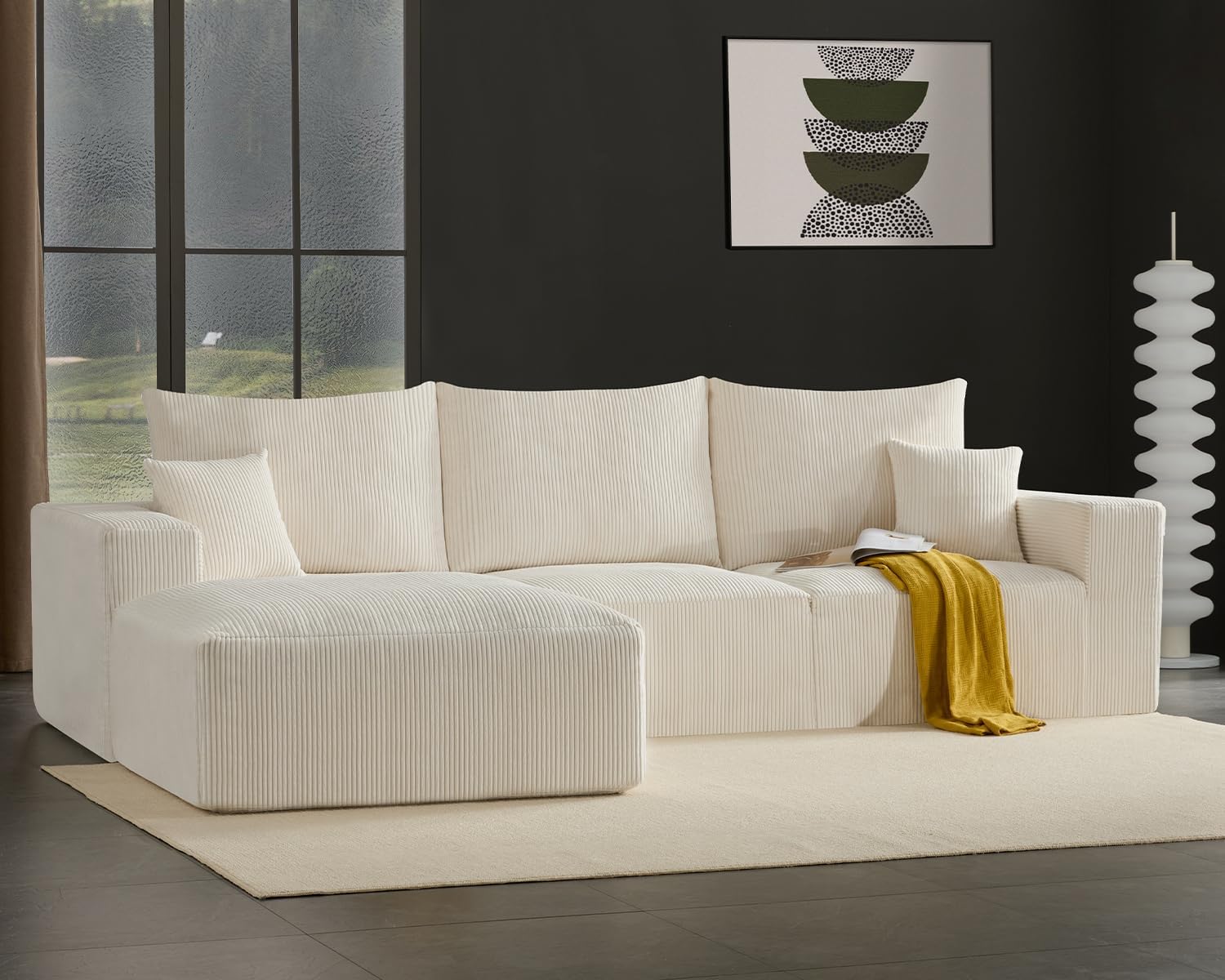 Gericco 113' Modular Sectional Couch, Cloud Boneless Sofa with Deep Seats, Upholstered Corduroy Square Stuffed Ottoman Pouf, 40 * 40 Inch Furry & Fluffy Movable Foot Stool for Living Room, Beige