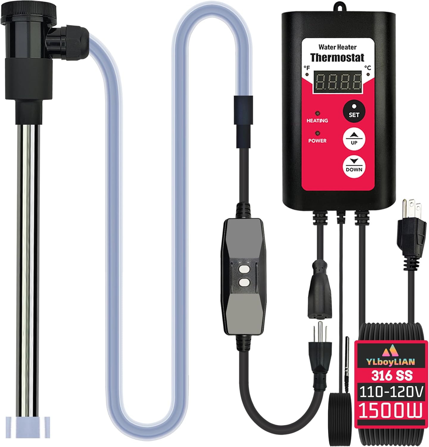 1500W Immersion Pool & Hot Tub Water Heater Portable Electric Submersible Heater with Temp Control & GFCI for pond, Inflatable Pool, Above-Ground Pool, Bathtub, baptismal pool and baptistry