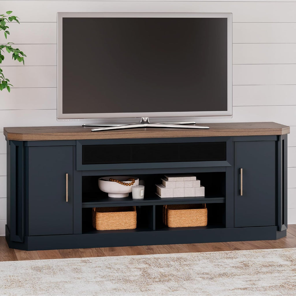 Signature Design by Ashley Landocken Contemporary 83' TV Stand for TVs up to 95' with Fireplace Option, 2 Cabinets, 2 Doors, 2 Adjustable Shelves, Open Cubbies and Cord Openings, Dark Brown & Blue