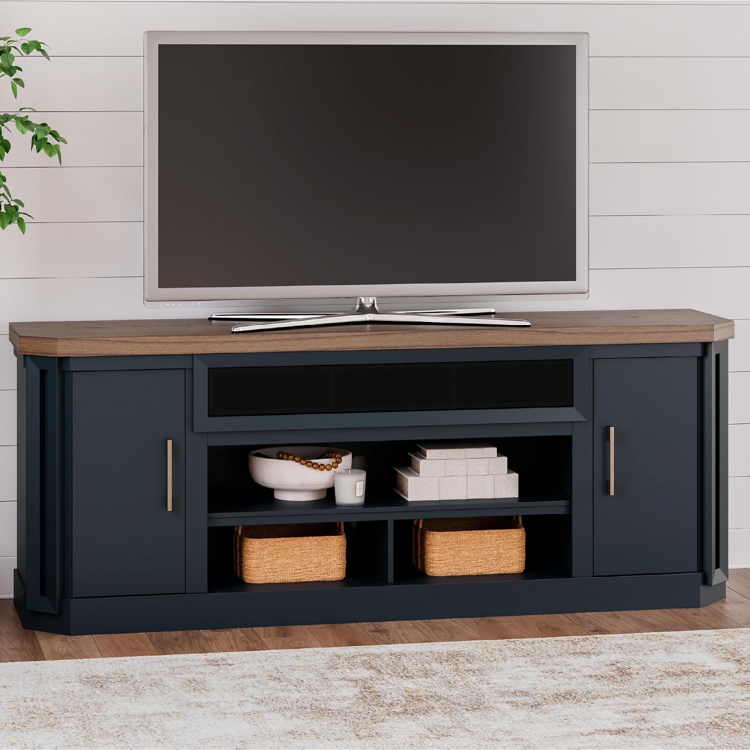 Signature Design by Ashley Landocken Contemporary 83' TV Stand for TVs up to 95' with Fireplace Option, 2 Cabinets, 2 Doors, 2 Adjustable Shelves, Open Cubbies and Cord Openings, Dark Brown & Blue