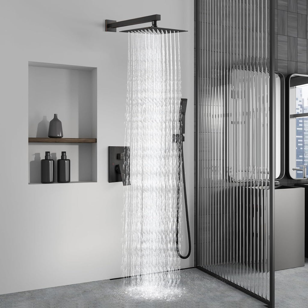 Aolemi Shower Faucet Set Rain Shower System with Handheld Spray Bathroom Shower Combo Rough-in Valve and Shower Trim Kit Included Oil Rubbed Bronze 12 Inch Wall Mount Shower Head