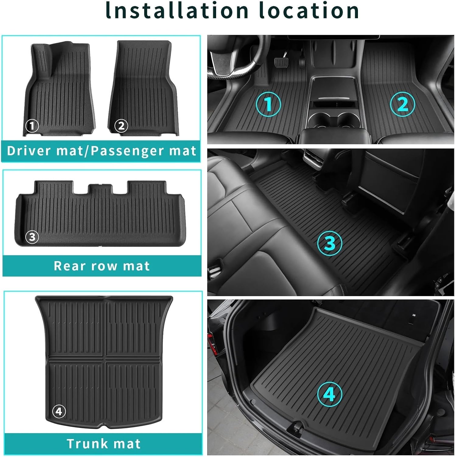 for Tesla Model Y 2021-2024 TPE 3D Car Floor Mats Cargo Liner Trunk Pad Protection Waterproof All Weather Black(Model Y RHD 4PCS)