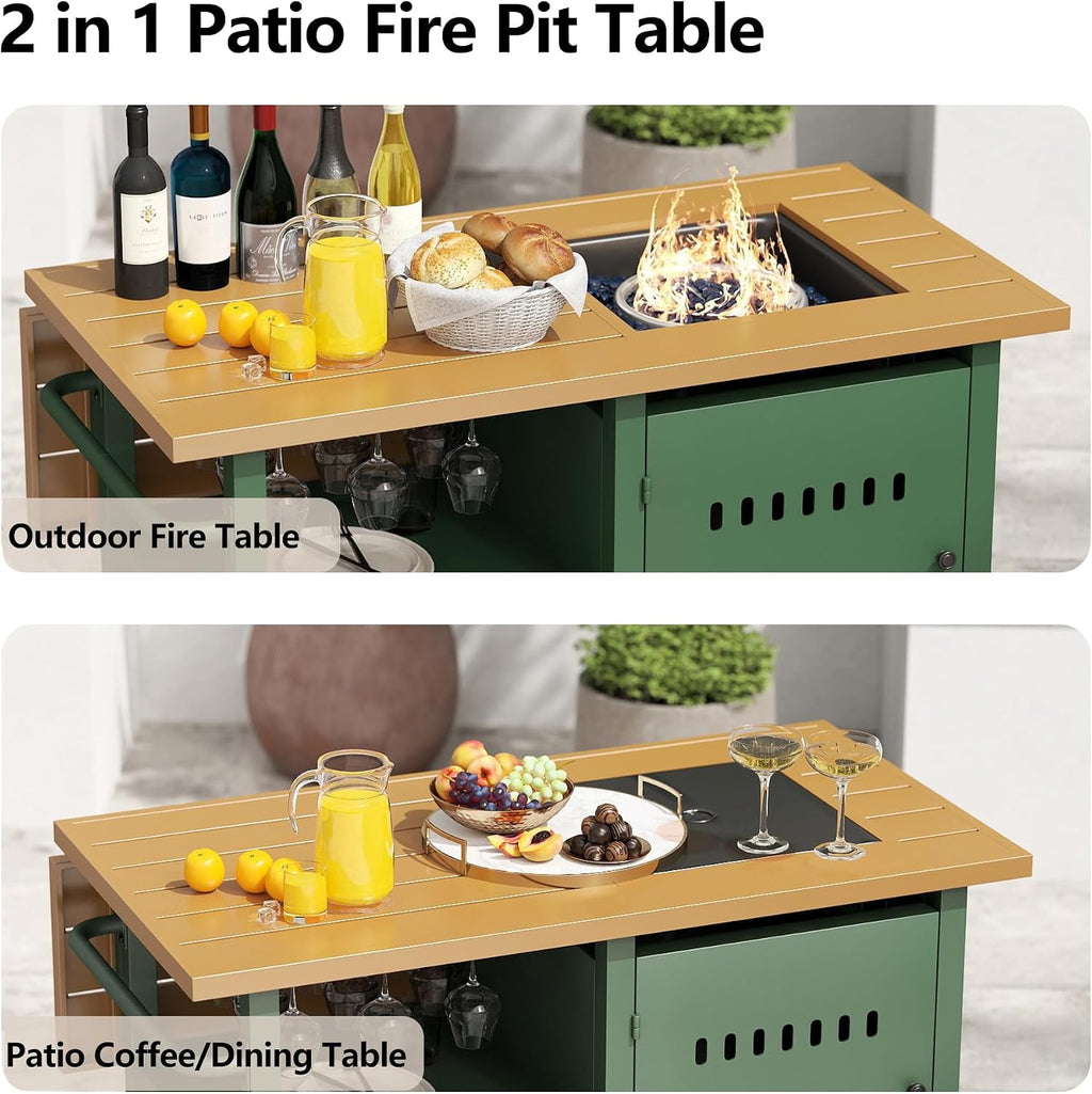 44' Propane Fire Pit, Outdoor Fire Pit Table with Cover, Outdoor Fireplace Gas Fire Pits for Outside Patio, Rectangular Firepit Table with Lid and Glass Rocks for Indoor/Deck/Backyard, Green