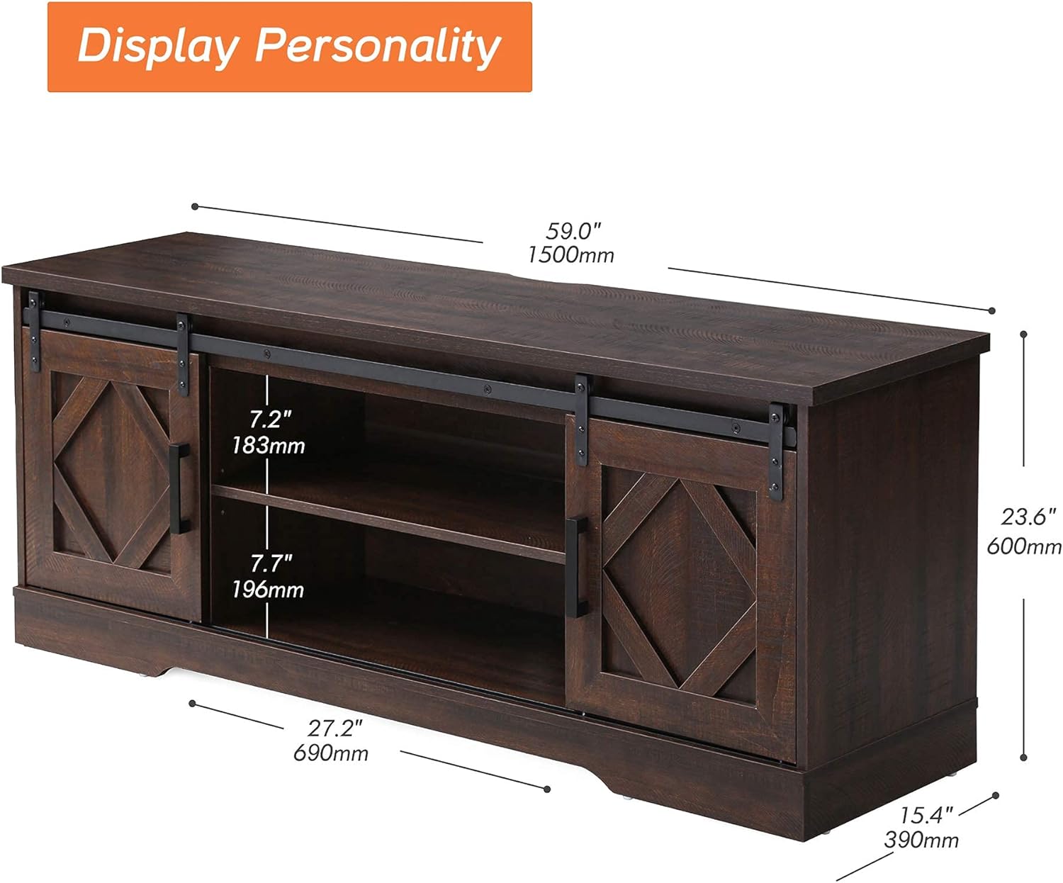 WAMPAT Modern Farmhouse TV Stand for TVs up to 65' with Sliding Barn Doors, 23.6' H Wood Entertainment Center with Adjustable Media Storage Shelf for Living Room, Dark Walnut Brown