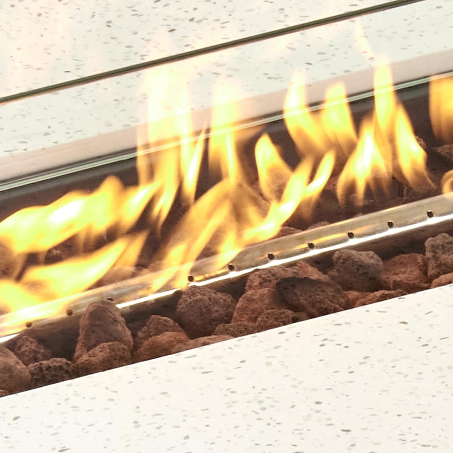 COSIEST Outdoor Propane Fire Pit Table 56' x 28' Rectangle Beige Compact Concrete-Like Finish, Certified, 50,000 BTU,Wind Guard, Tank Outside, Free Lava Rocks, Fits 20lb Tank Outside, Raincover