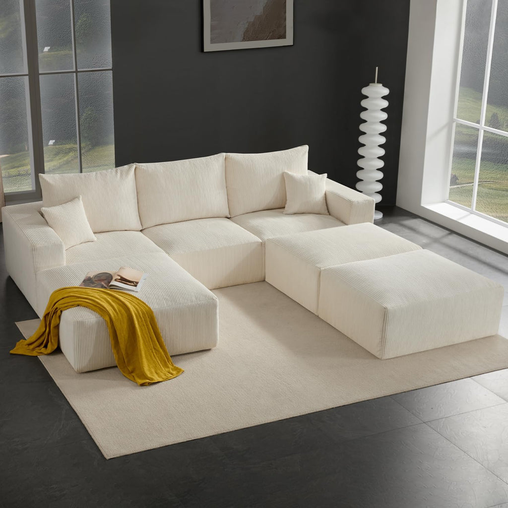 Gericco 113' Modular Sectional Couch, Cloud Boneless Sofa with Deep Seats, Upholstered Corduroy Sofa Bed with Loung Chaise, 3-Seater Couches for Living Room, No Assembly Required, Beige