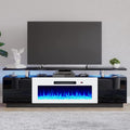 AMERLIFE Fireplace TV Stand with 36' White Fireplace, 70' Modern Fireplace Entertainment Center LED Lights, 2 Tier TV Console Cabinet for TVs Up to 80', Black & White