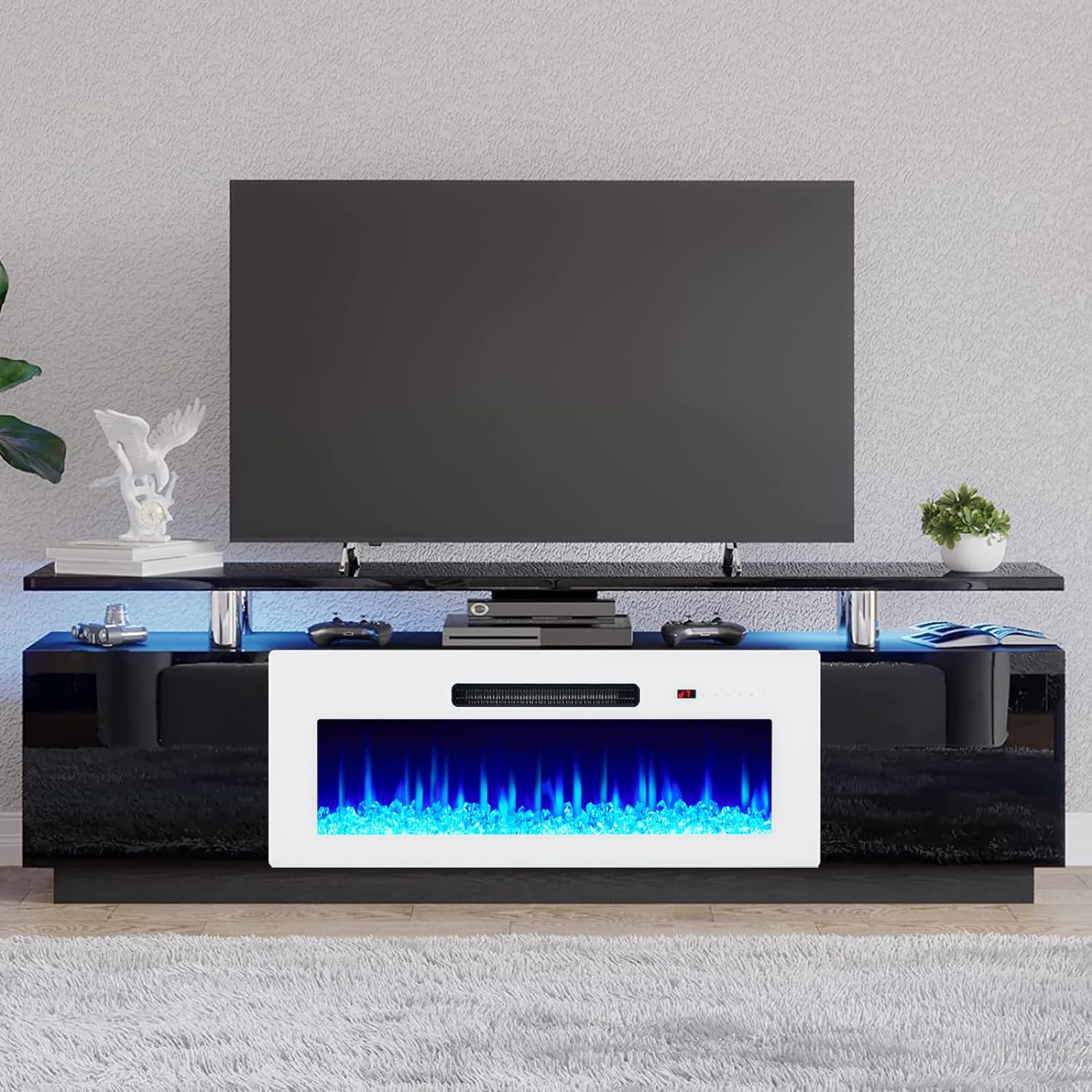 AMERLIFE Fireplace TV Stand with 36' White Fireplace, 70' Modern Fireplace Entertainment Center LED Lights, 2 Tier TV Console Cabinet for TVs Up to 80', Black & White