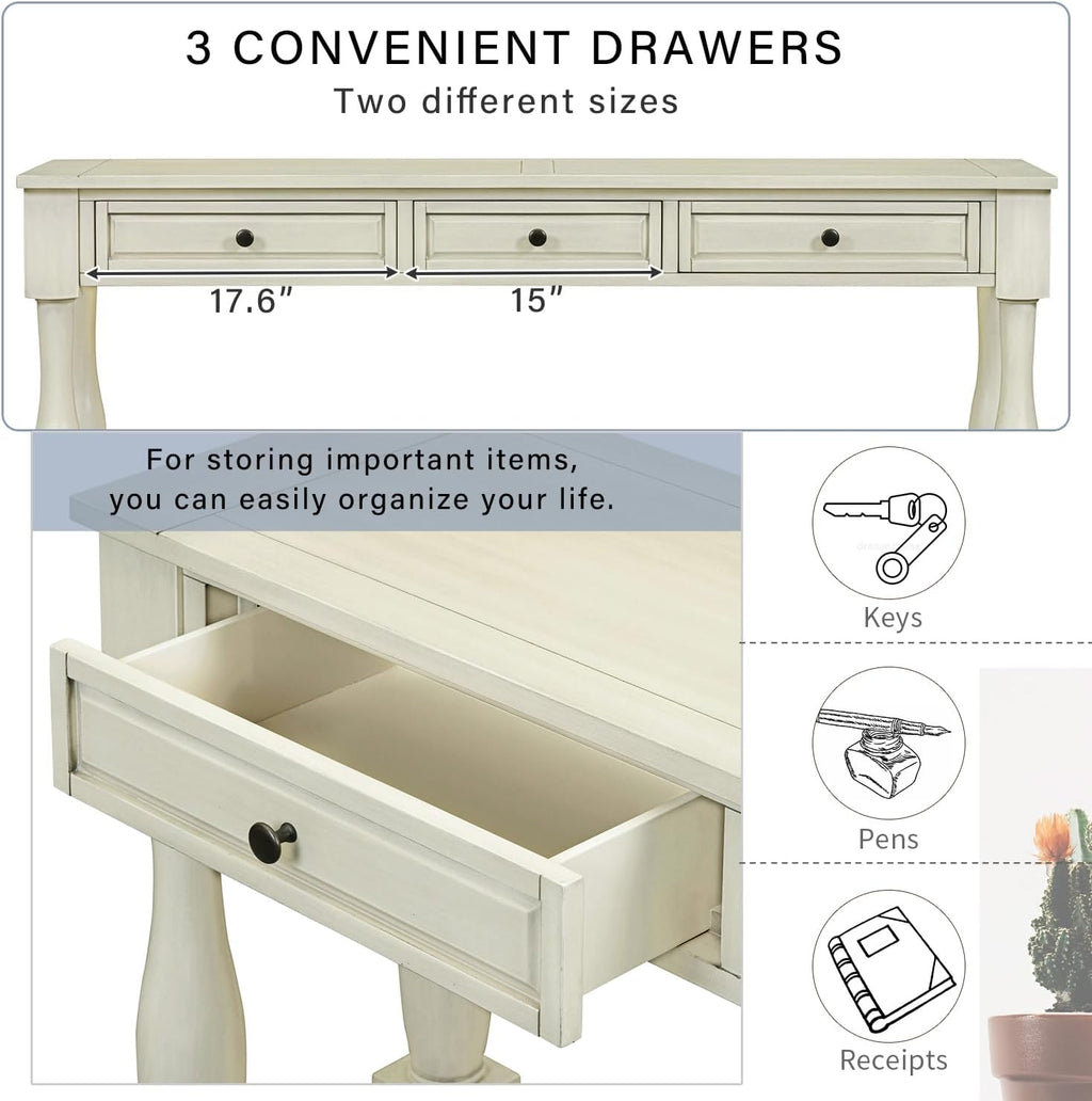 Merax LUMISOL 64 inch Long Console Sofa Table with 3 Drawers and Bottom Shelf, Hallway Table Entryway Table for Living Room, Easy Assembly (Antique White).